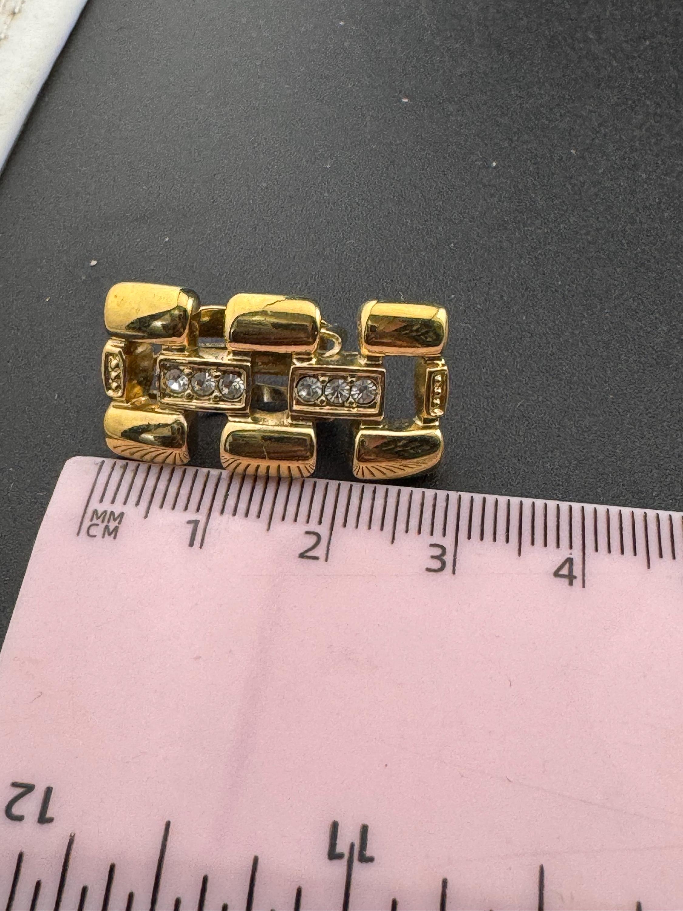 Vintage Gold Tone 1980s panther brick Chain Link drop earrings with clear diamanté clip on earrings