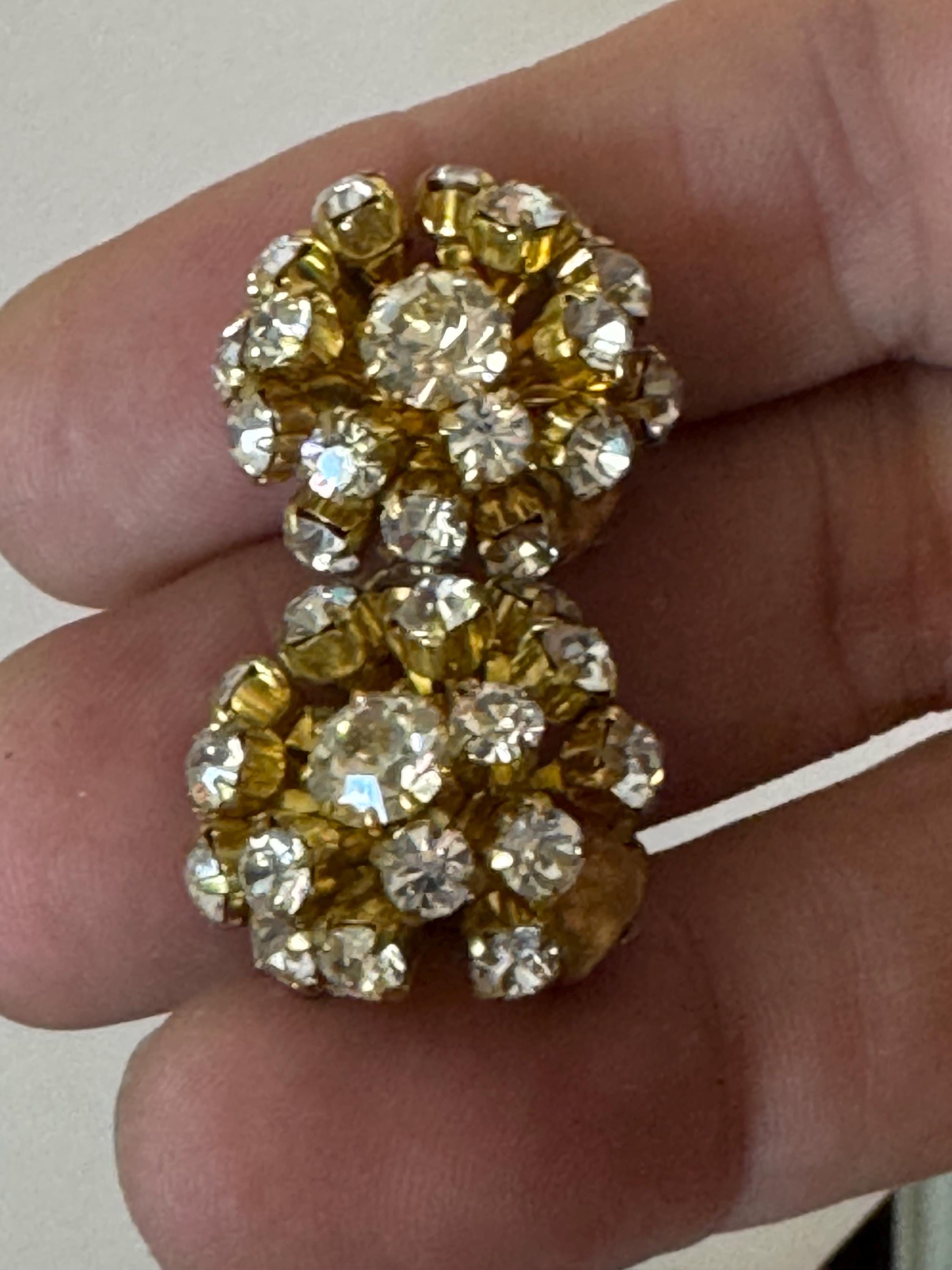 Vintage Clear Diamanté paste gold tone round domed Sputnik Clip On Earrings