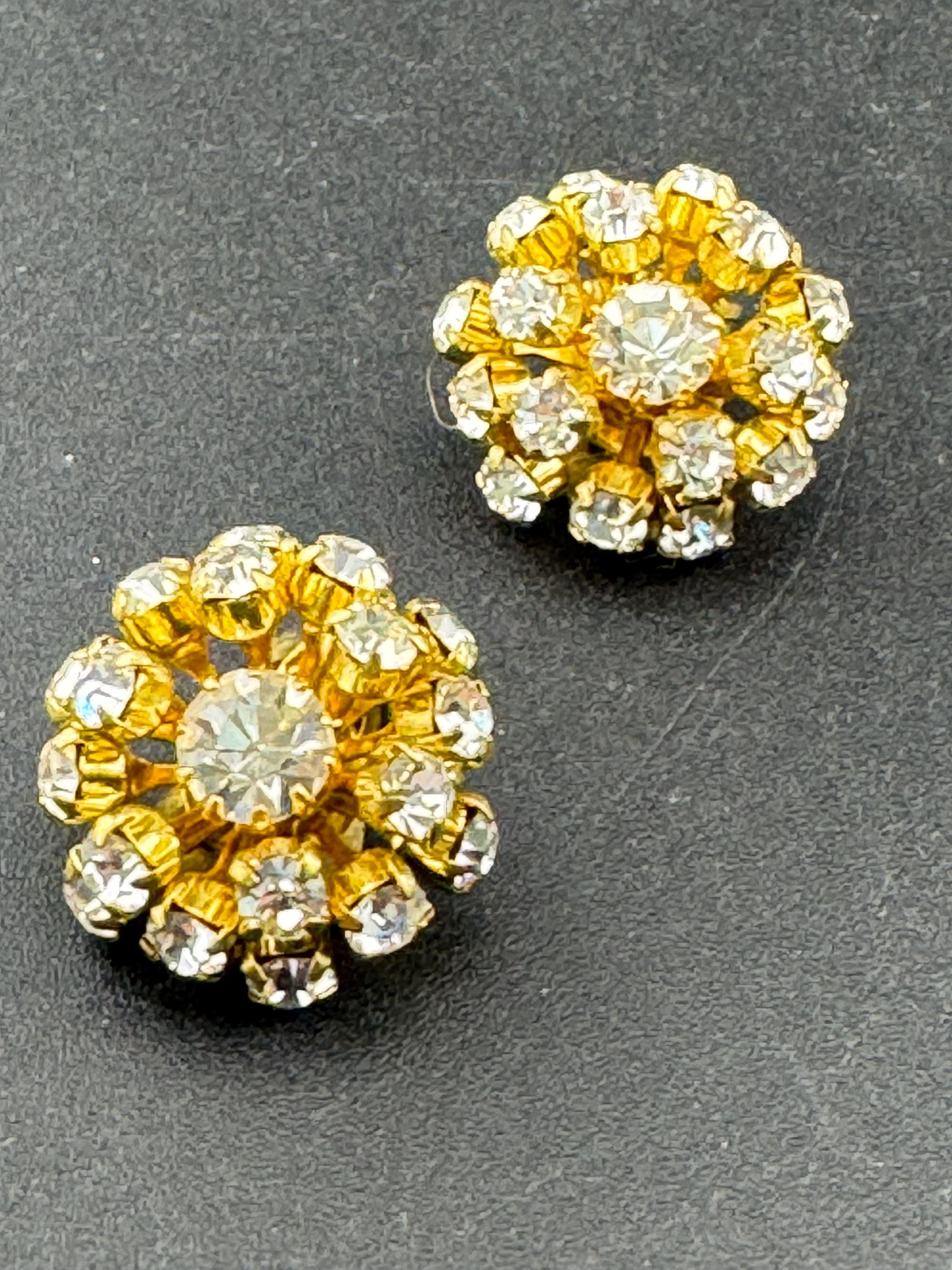 Vintage Clear Diamanté paste gold tone round domed Sputnik Clip On Earrings