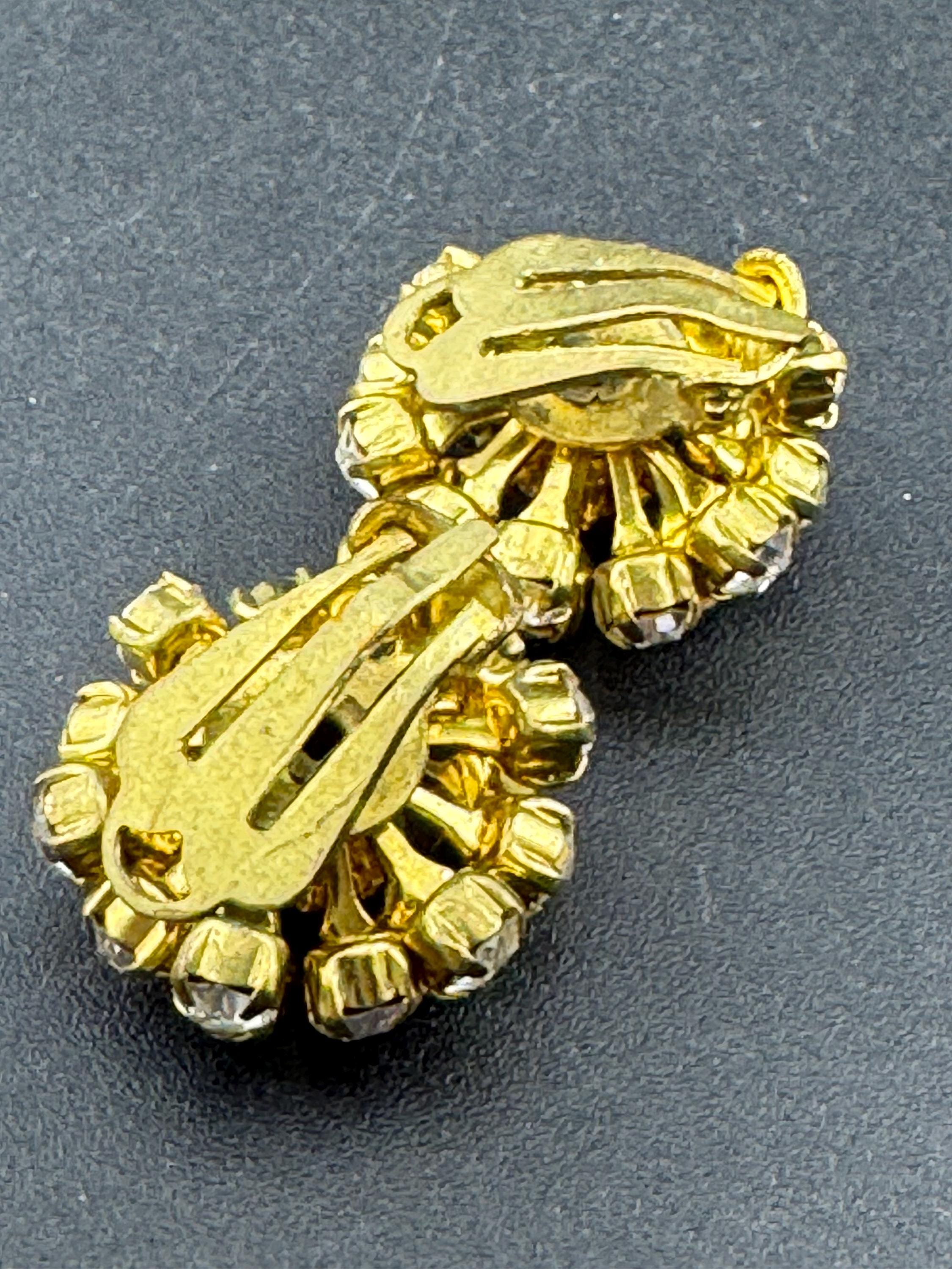 Vintage Clear Diamanté paste gold tone round domed Sputnik Clip On Earrings