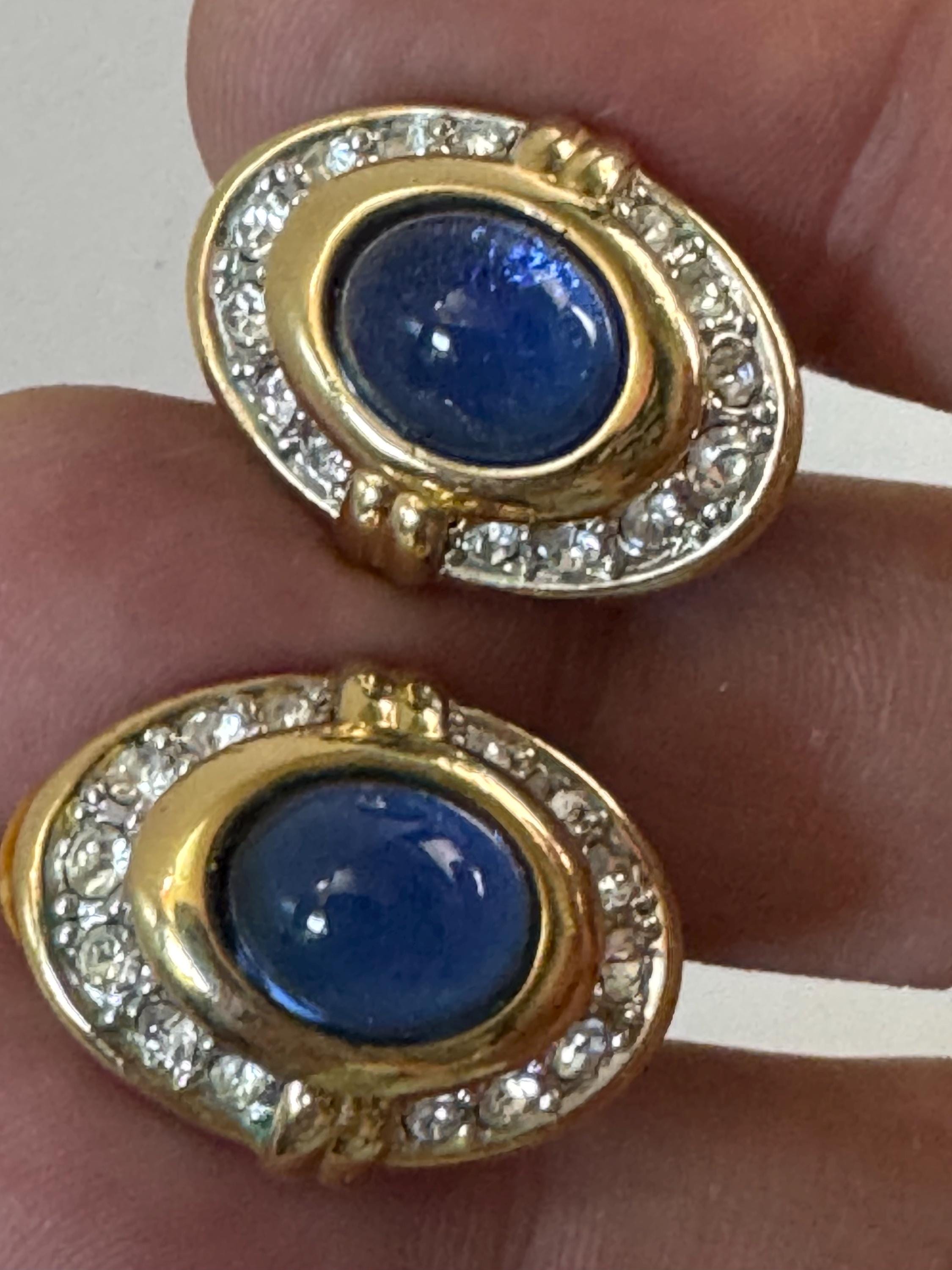 Vintage Oval sapphire clear glass paste gold tone diamanté clip on earrings