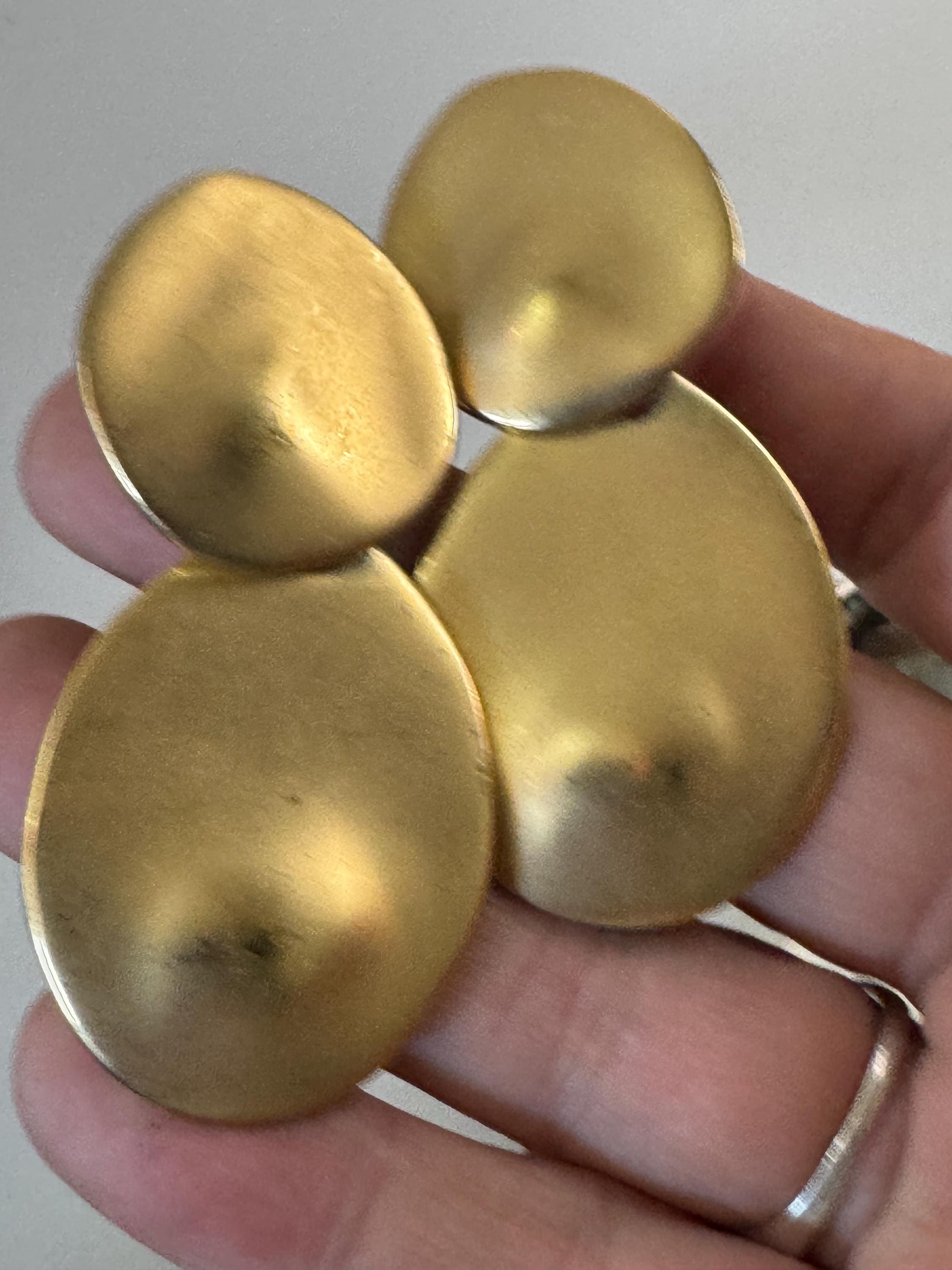 Matt yellow gold tone Etruscan style dangly drop disc clip on earrings
