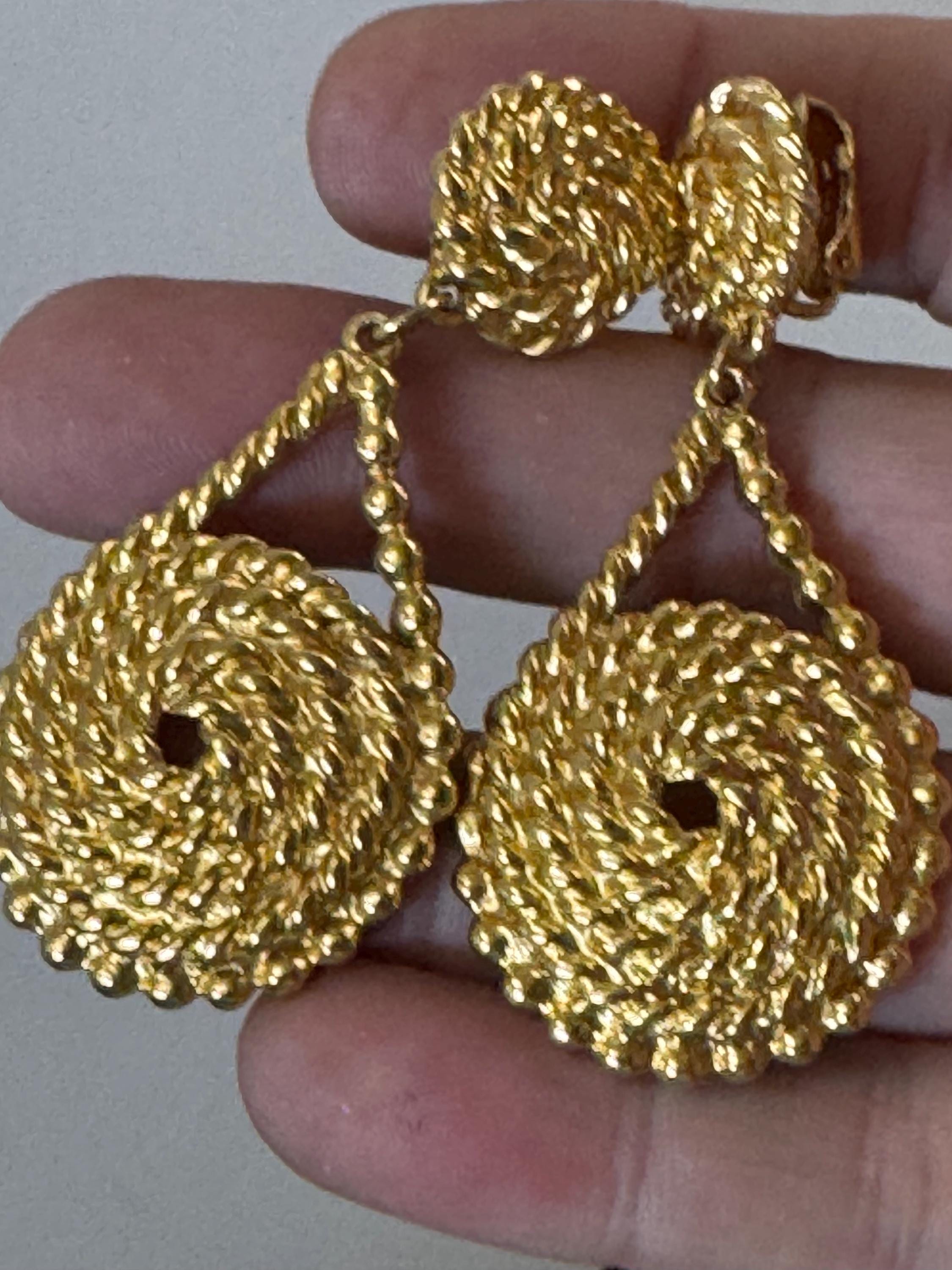 vintage gold tone oversized pair of rope twist clip on dangly earrings 6cm