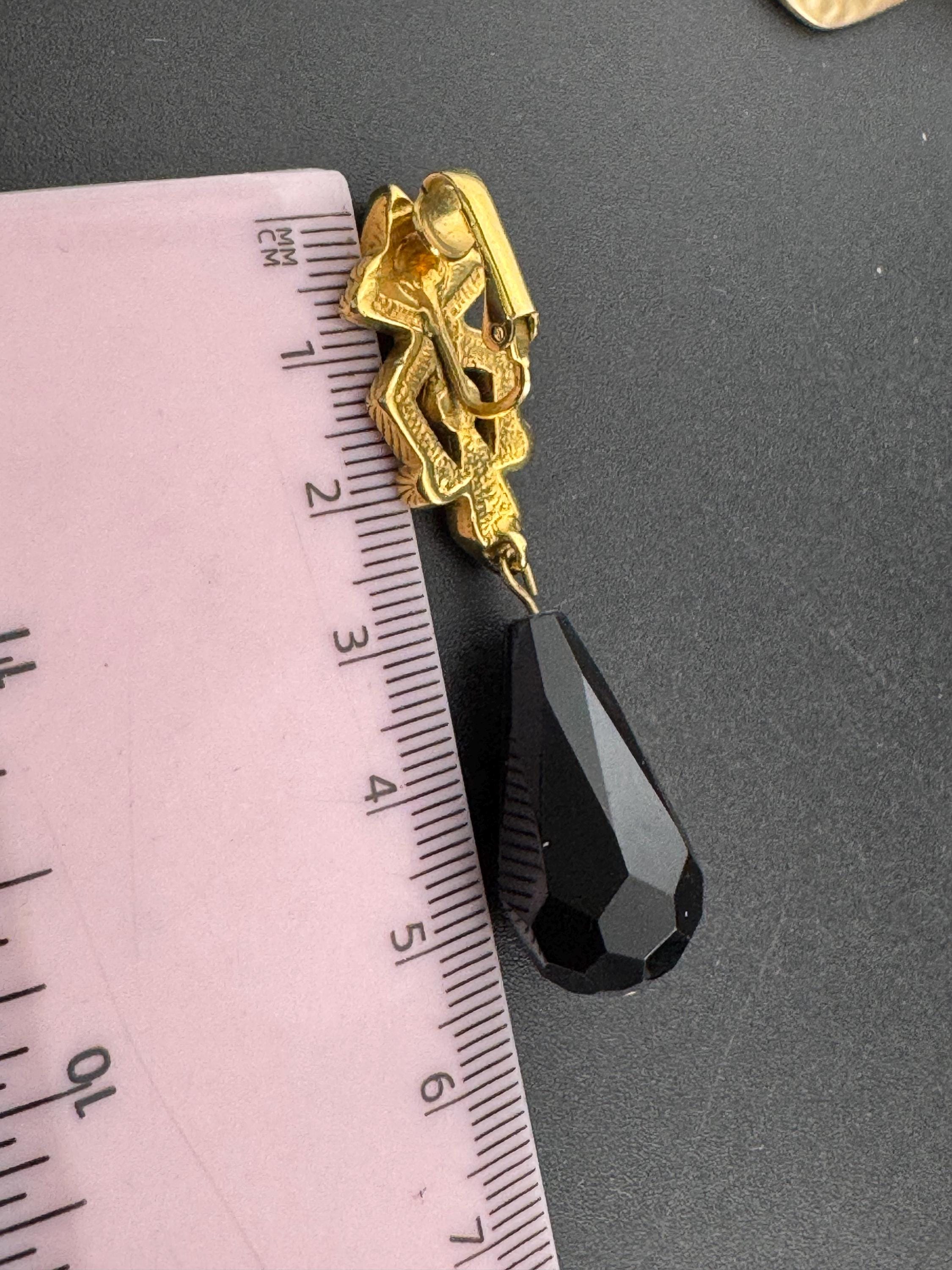 Vintage black acrylic faceted teardrop diamanté clip on earrings, gold tone