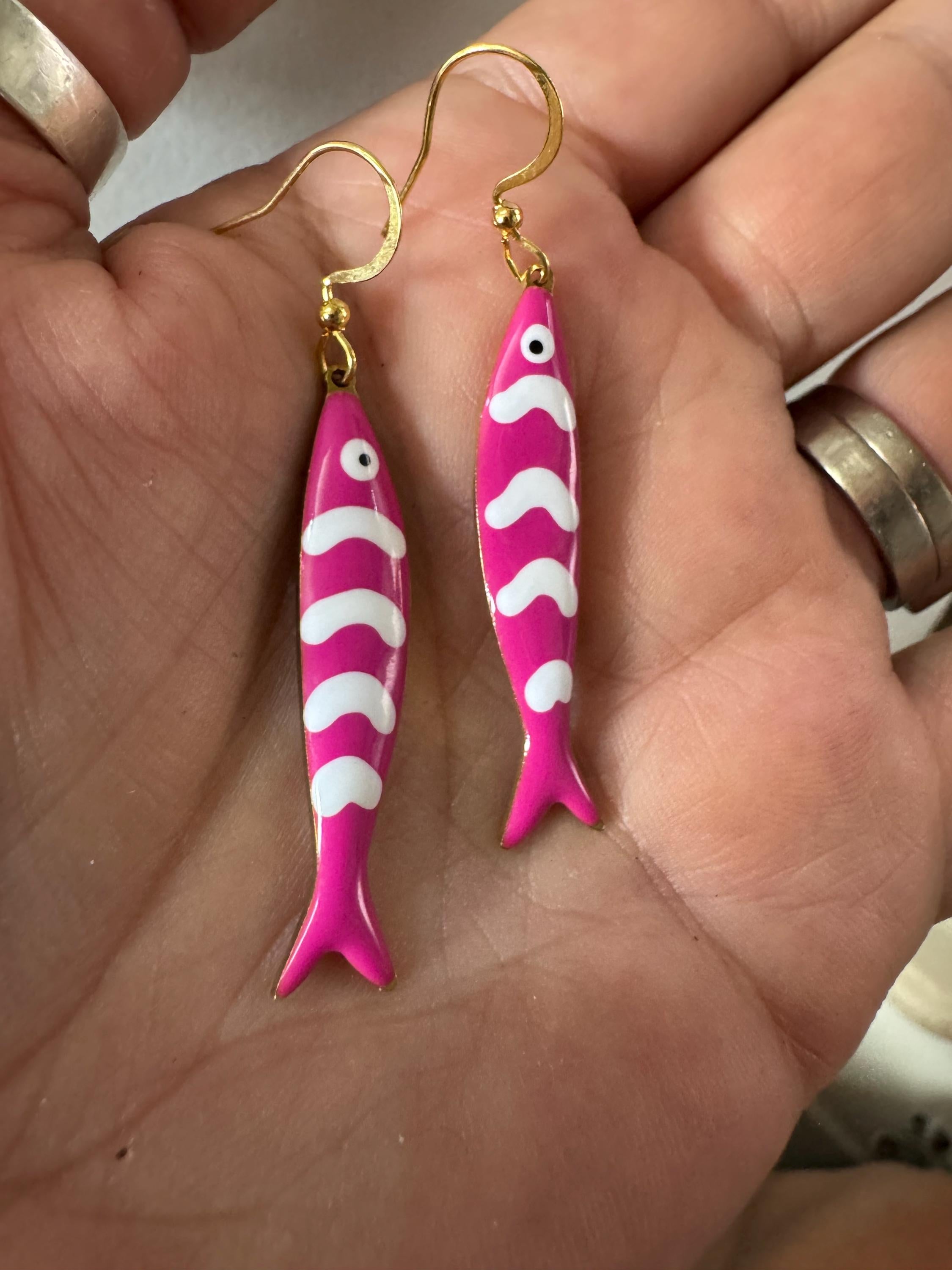 Nautical dark pink enamel gold tone sardine fish drop charm earrings for  pierced ears