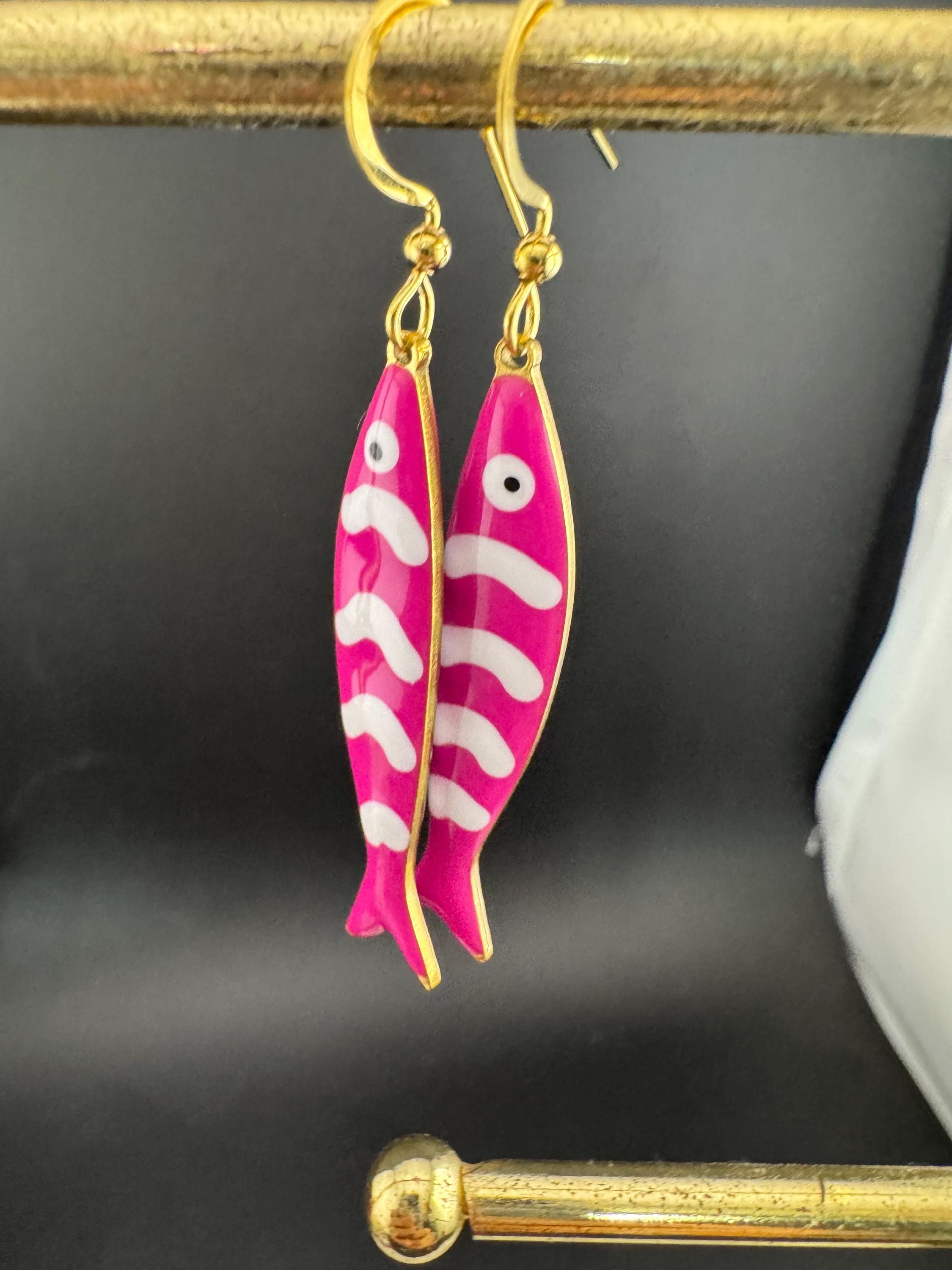 Nautical dark pink enamel gold tone sardine fish drop charm earrings for  pierced ears