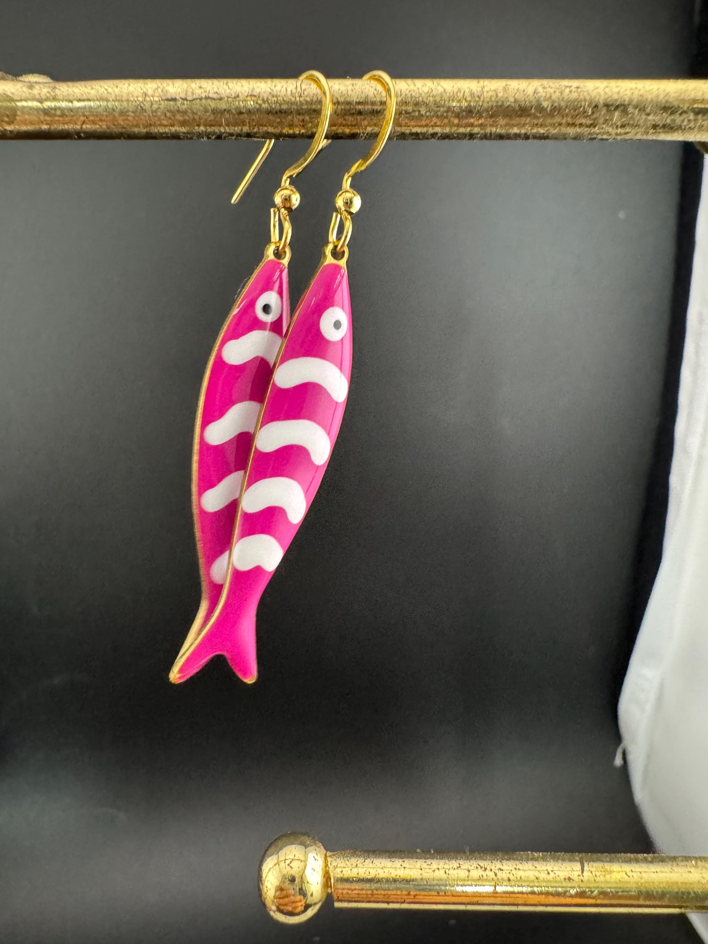 Nautical dark pink enamel gold tone sardine fish drop charm earrings for  pierced ears