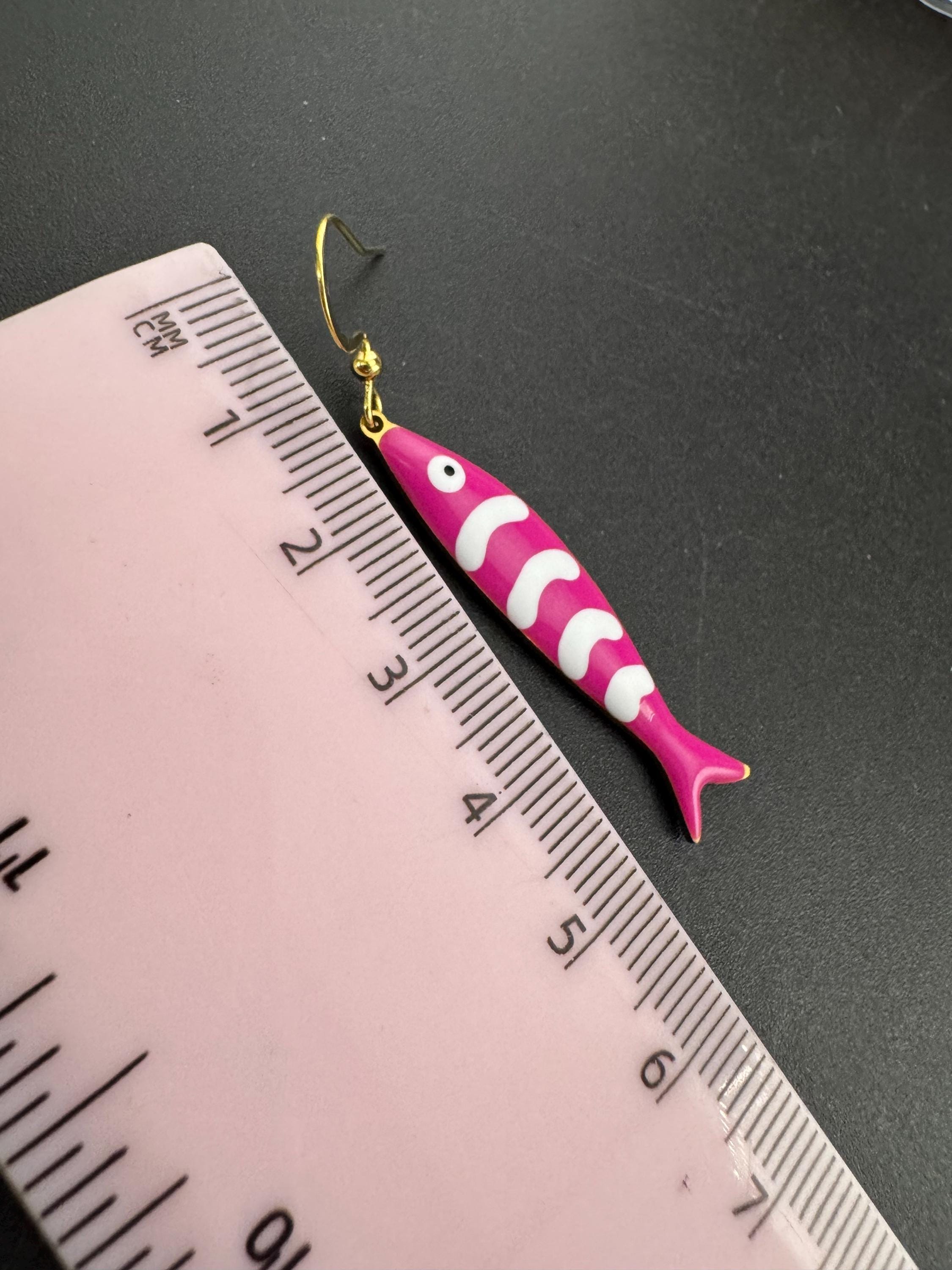 Nautical dark pink enamel gold tone sardine fish drop charm earrings for  pierced ears