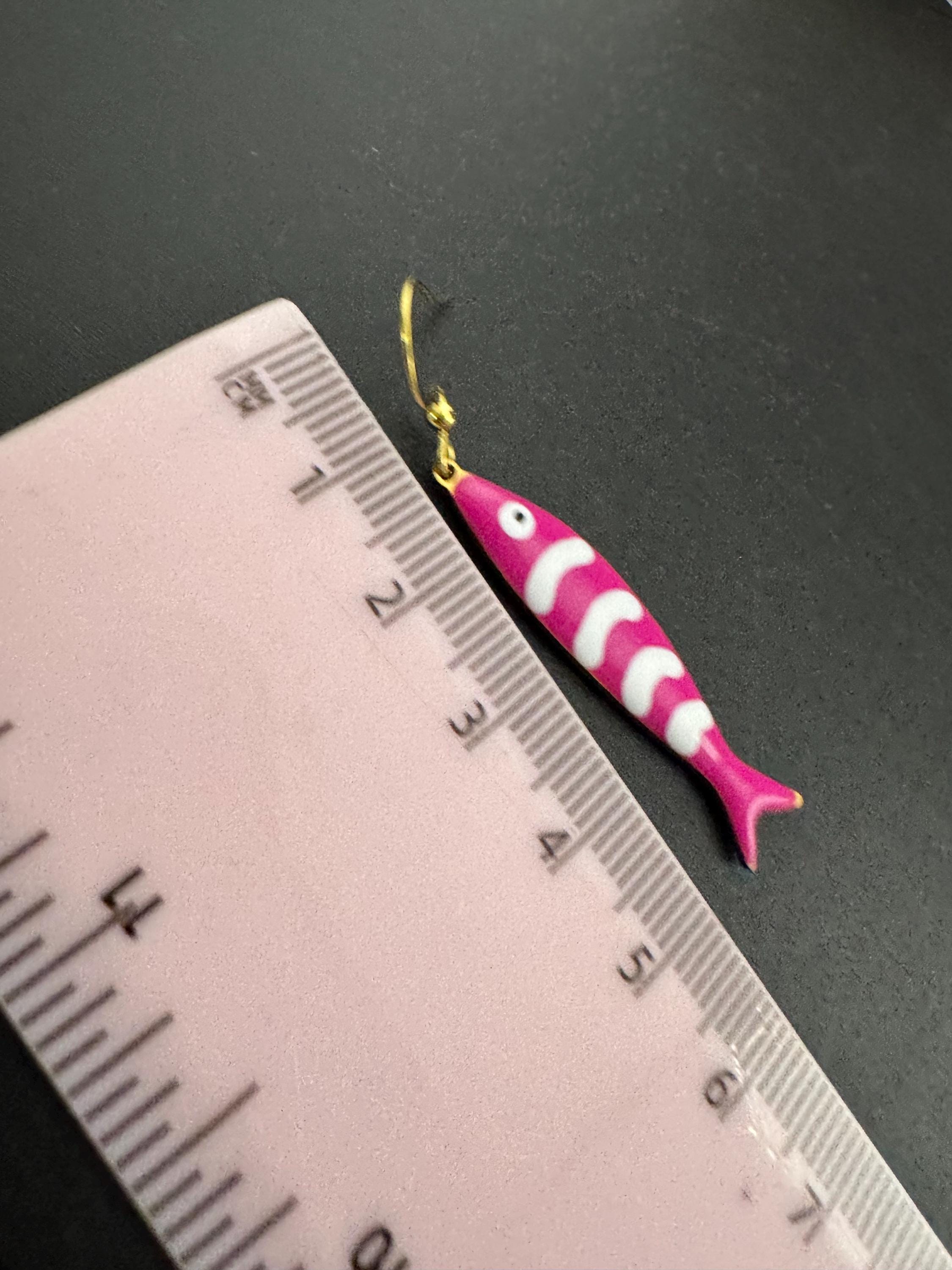 Nautical dark pink enamel gold tone sardine fish drop charm earrings for  pierced ears