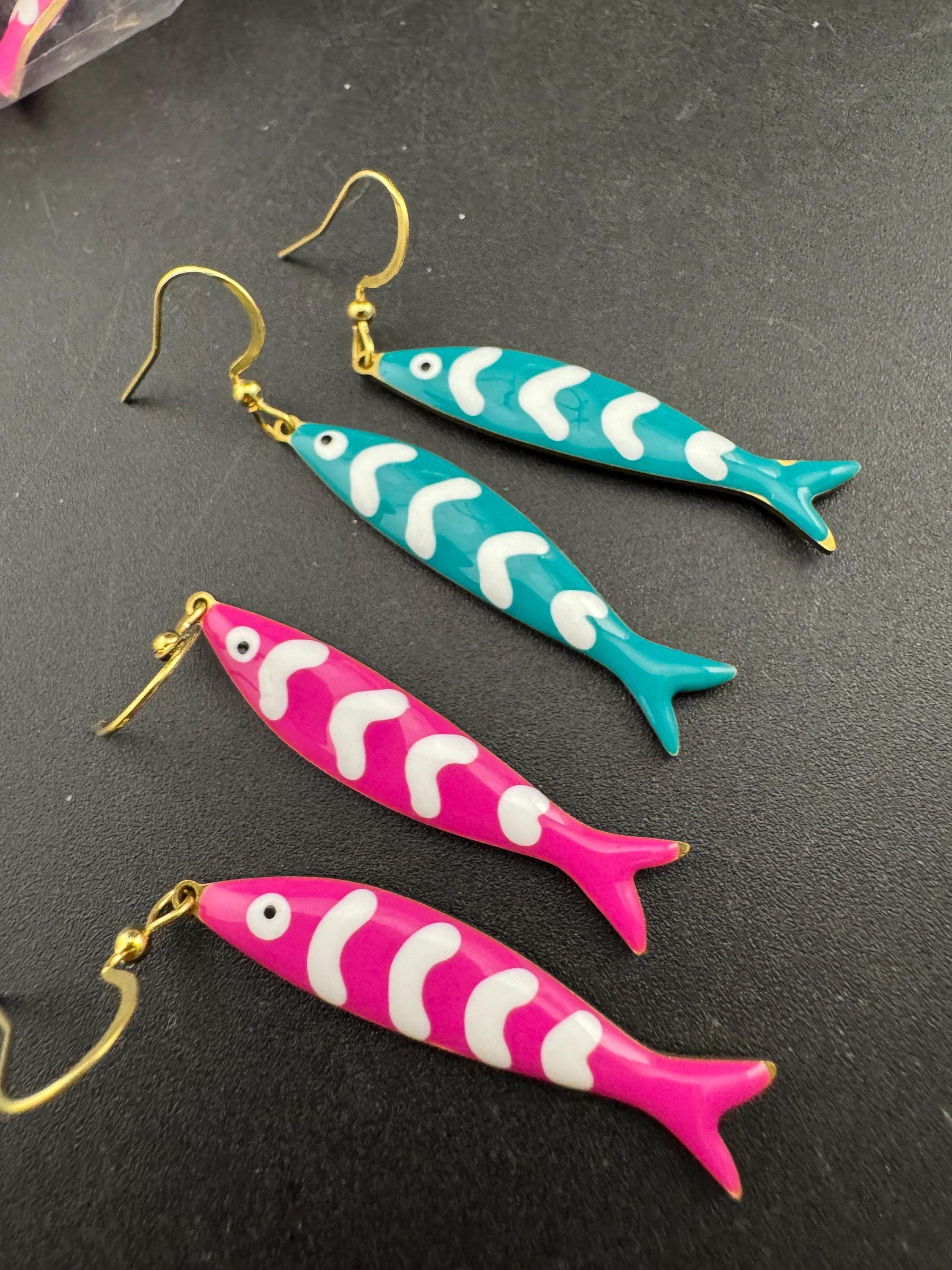 Nautical turquoise blue enamel gold tone sardine fish drop charm earrings for  pierced ears