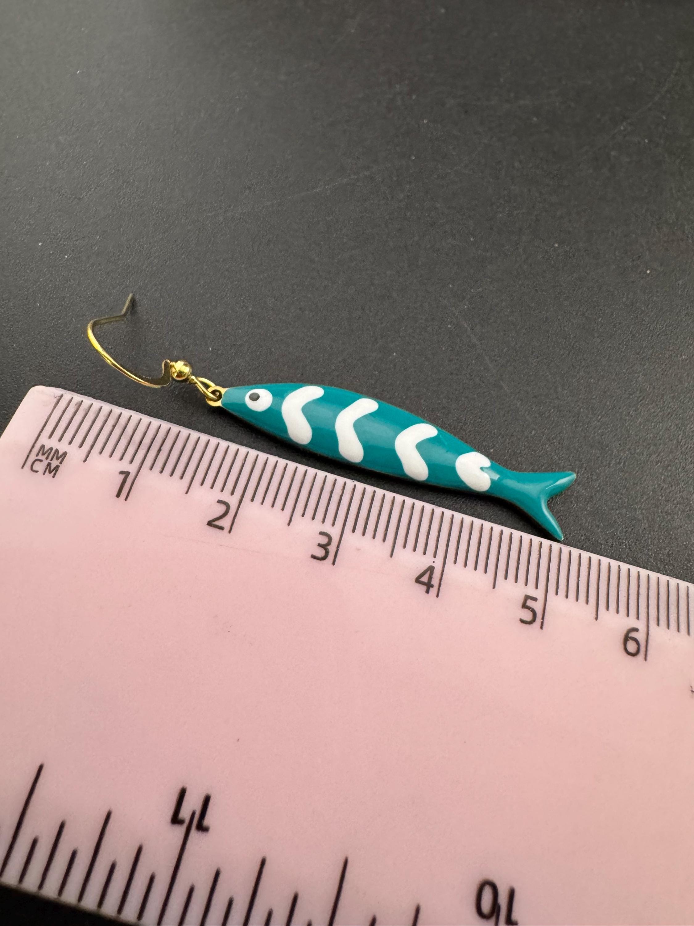 Nautical turquoise blue enamel gold tone sardine fish drop charm earrings for  pierced ears