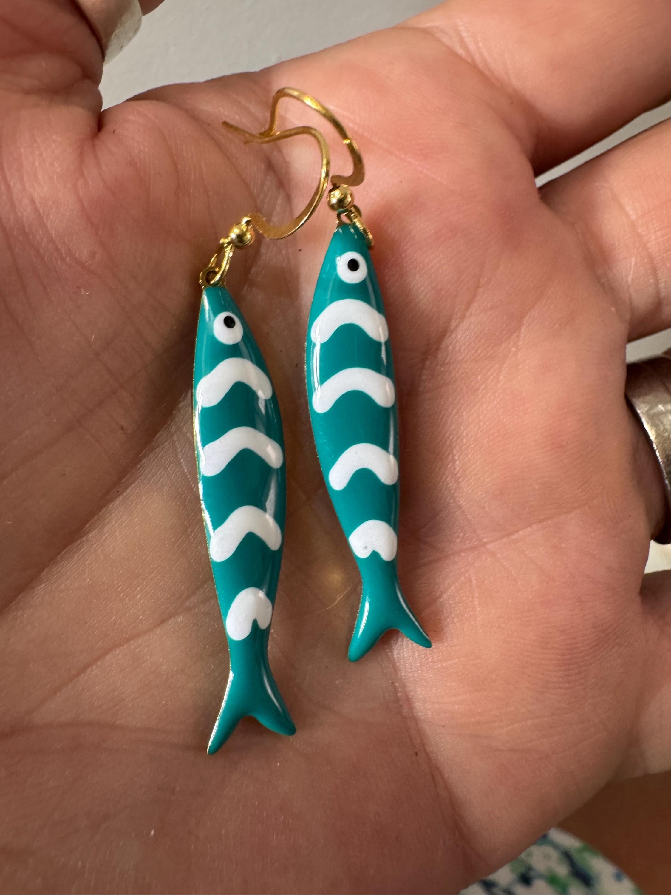 Nautical turquoise blue enamel gold tone sardine fish drop charm earrings for  pierced ears