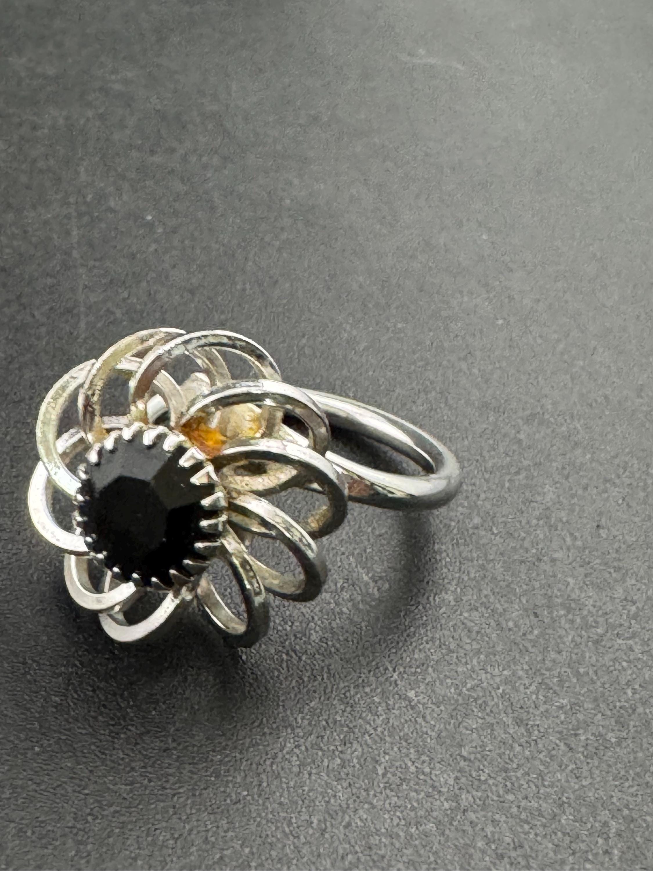 Signed Sarah Coventry Cocktail Ring: Silver Tone Black Rhinestone Filigree, Adjustable