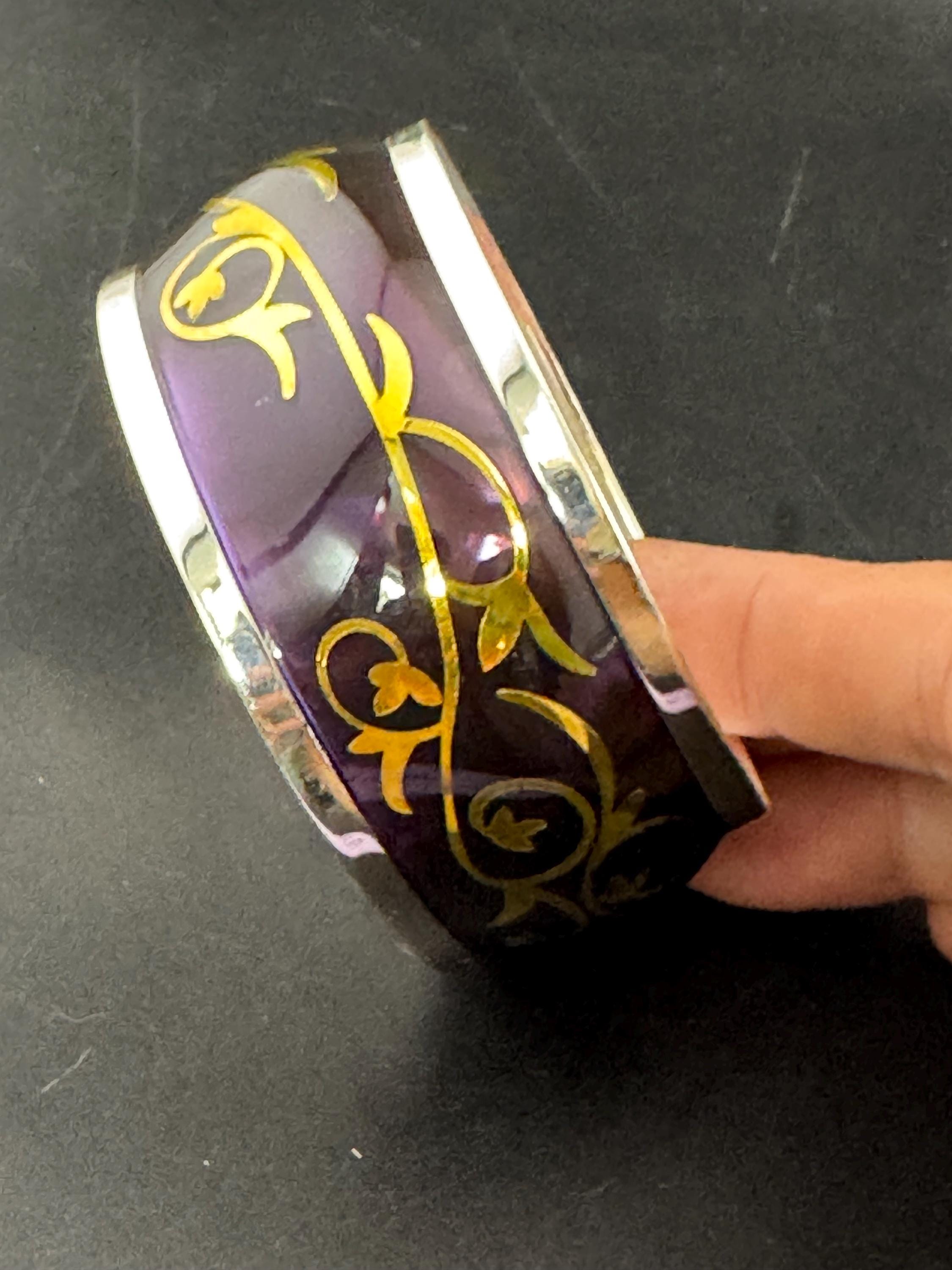 Signed Newbridge Silverware Bangle: Purple, Silver & Gold Modernist Design