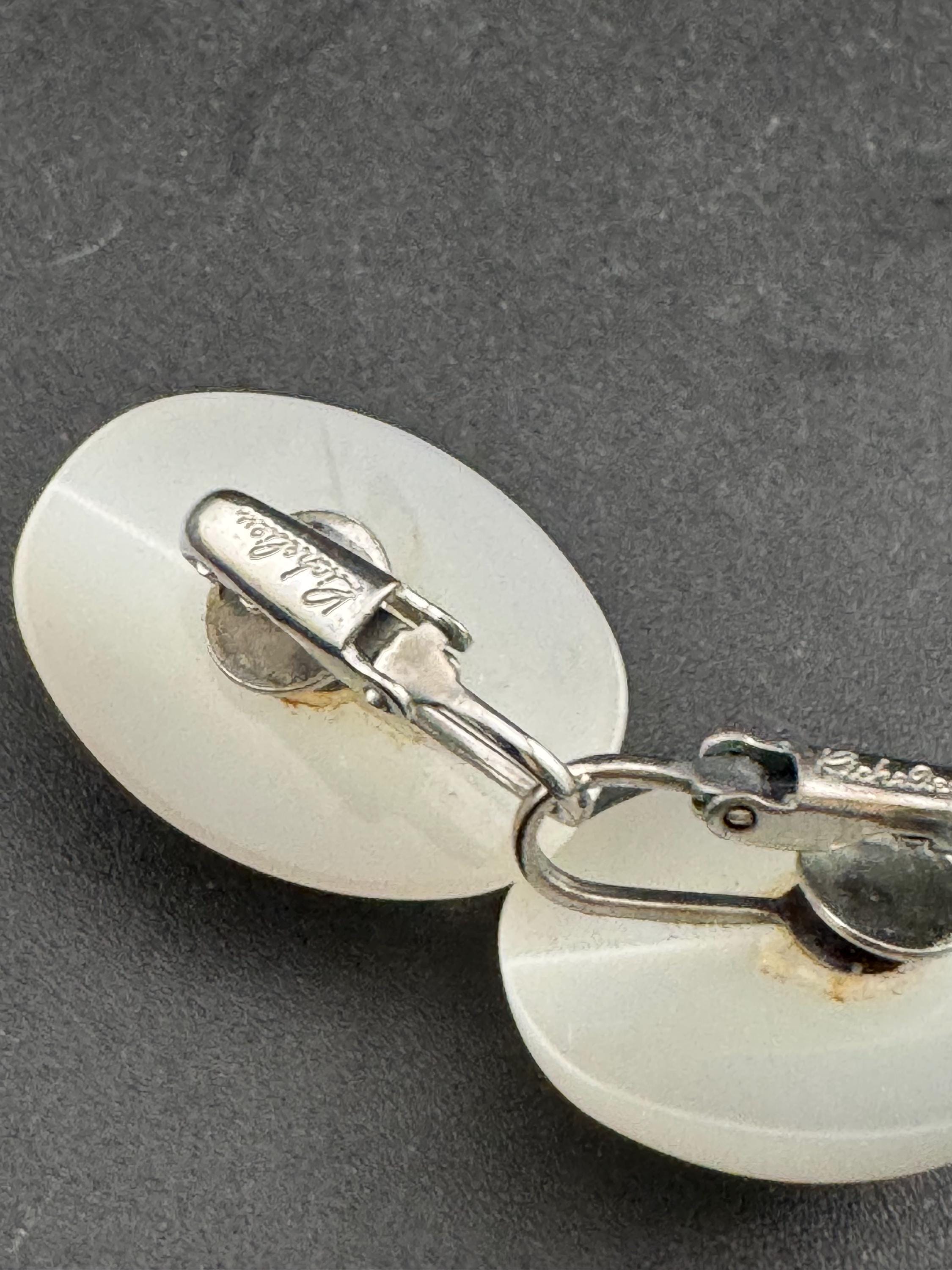Signed RICHELIEU Vintage white pearlised lucite oval domed stud clip on earrings