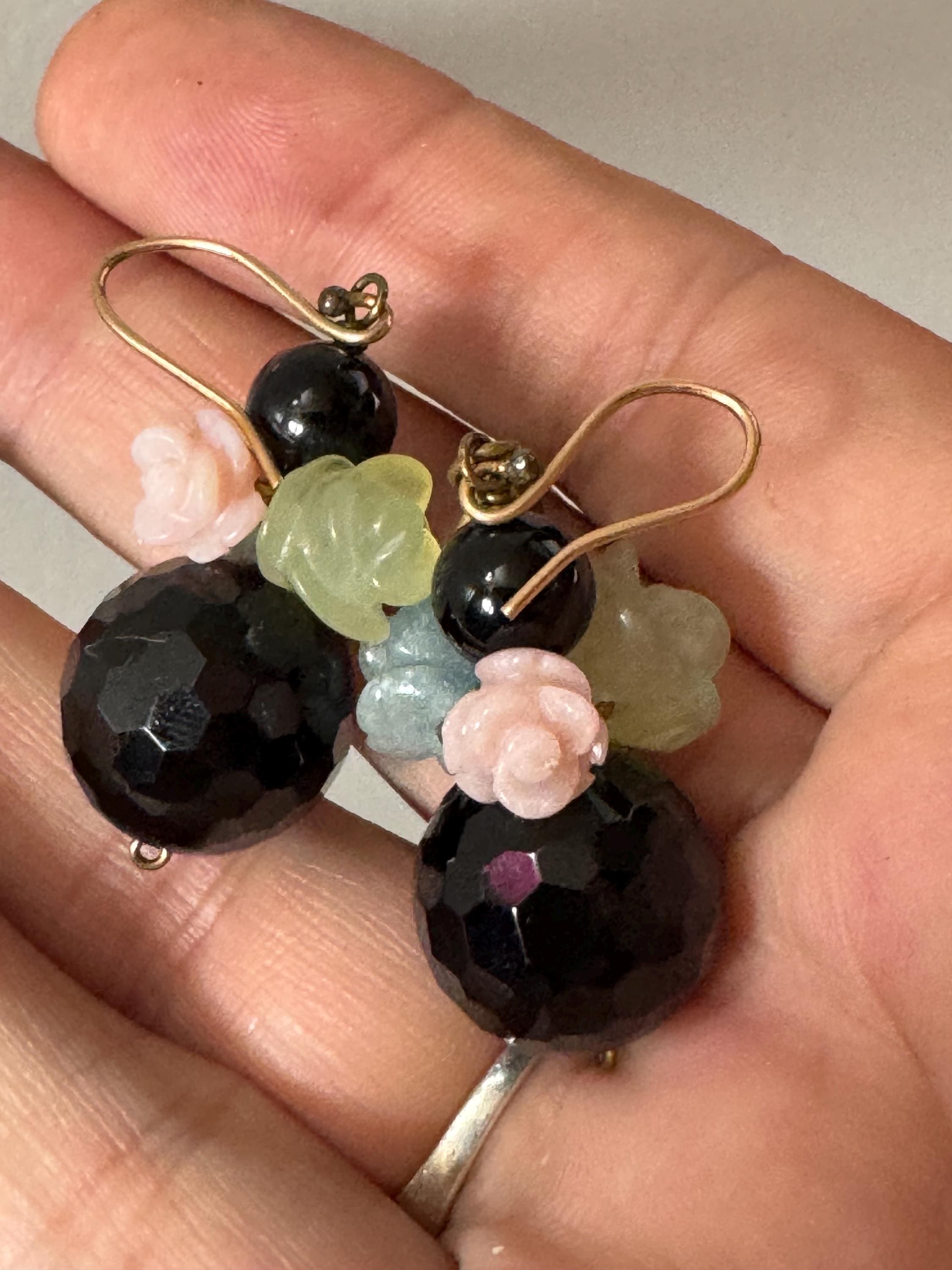 Signed Lotty K Black glass beaded pair dangly drop opaline carved floral pierced drop earrings