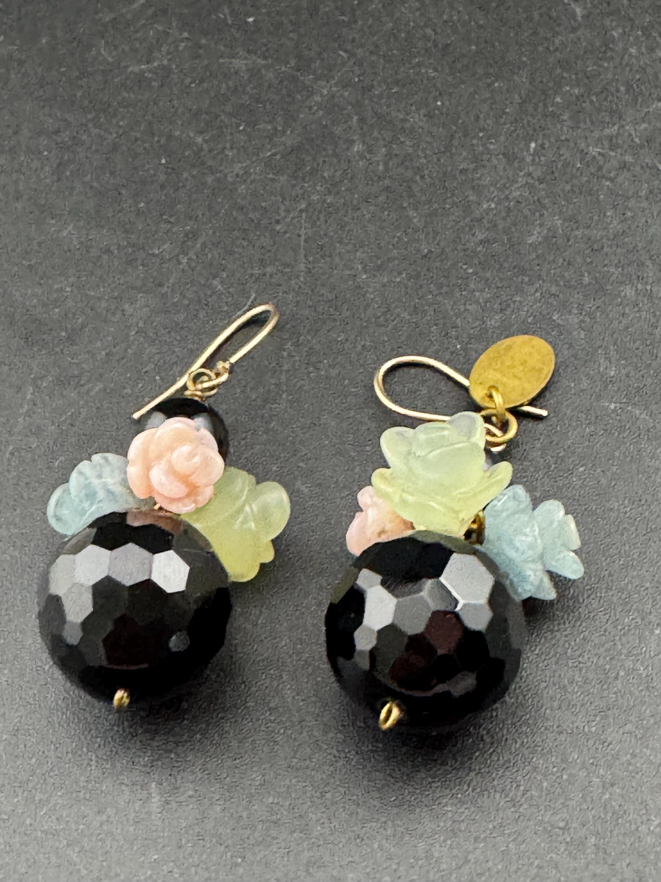 Signed Lotty K Black glass beaded pair dangly drop opaline carved floral pierced drop earrings