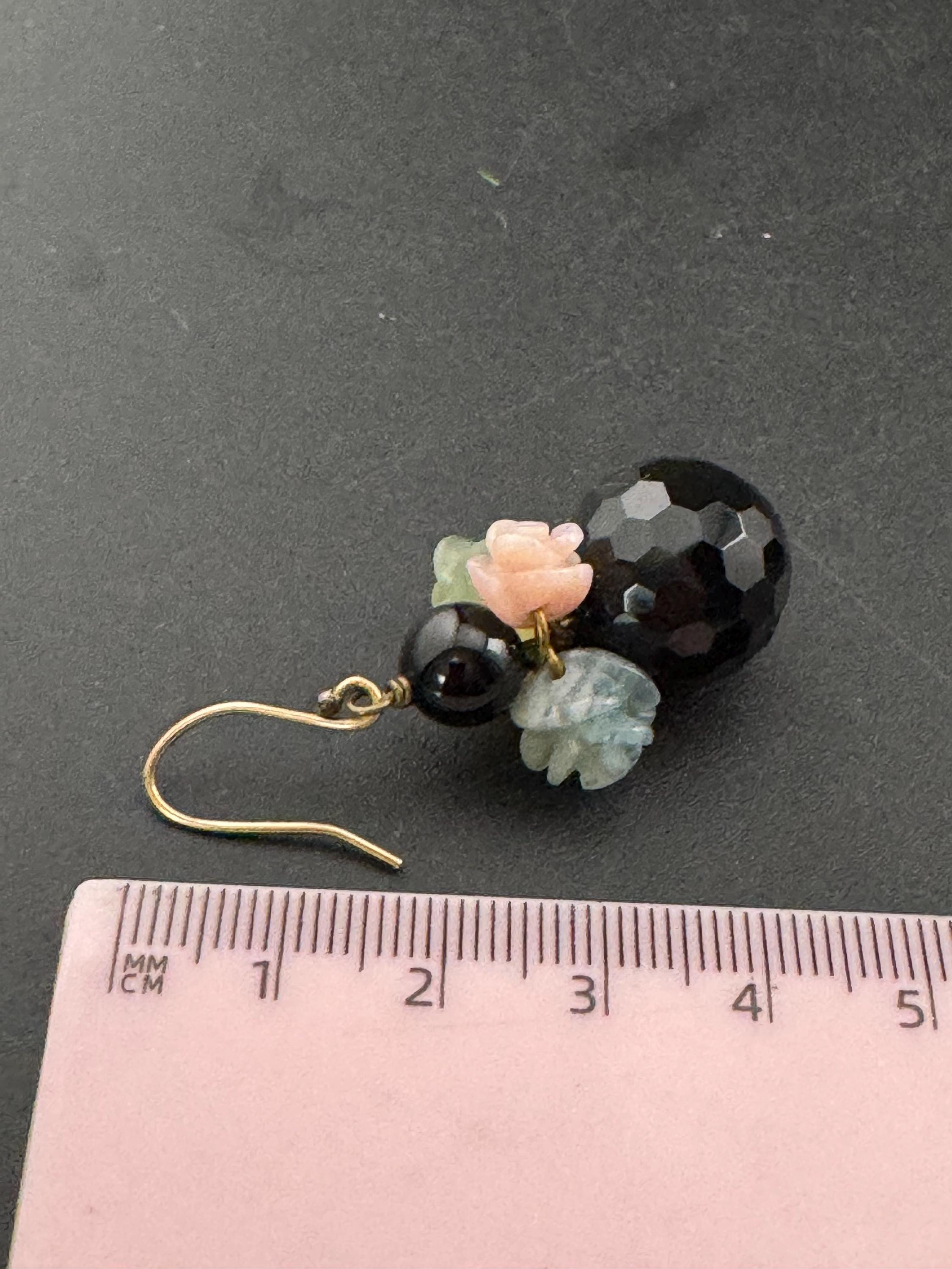 Signed Lotty K Black glass beaded pair dangly drop opaline carved floral pierced drop earrings