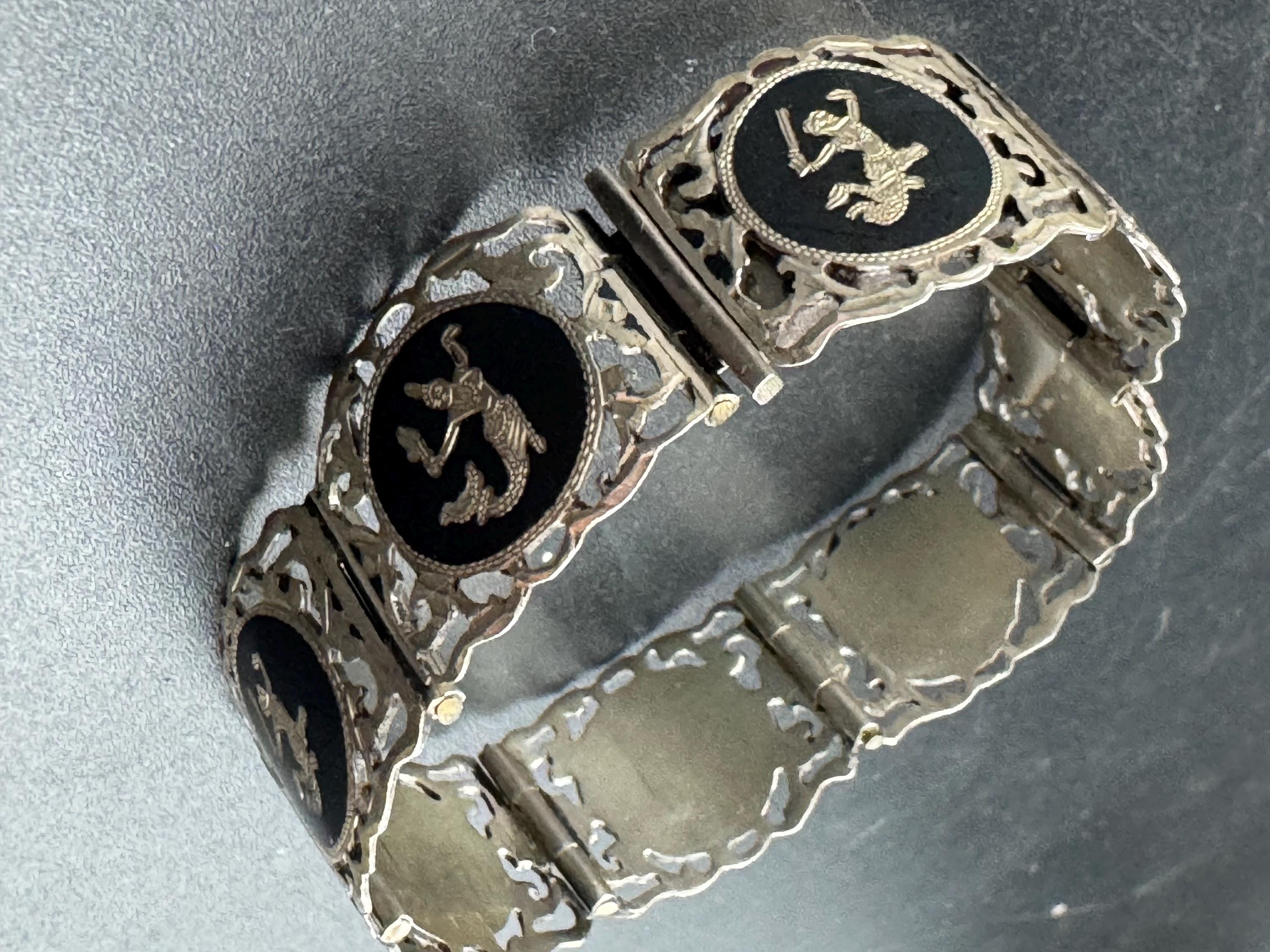 Vintage Siam Silver and black enamel pictorial panel link bracelet 18.5cm 25.8grams
