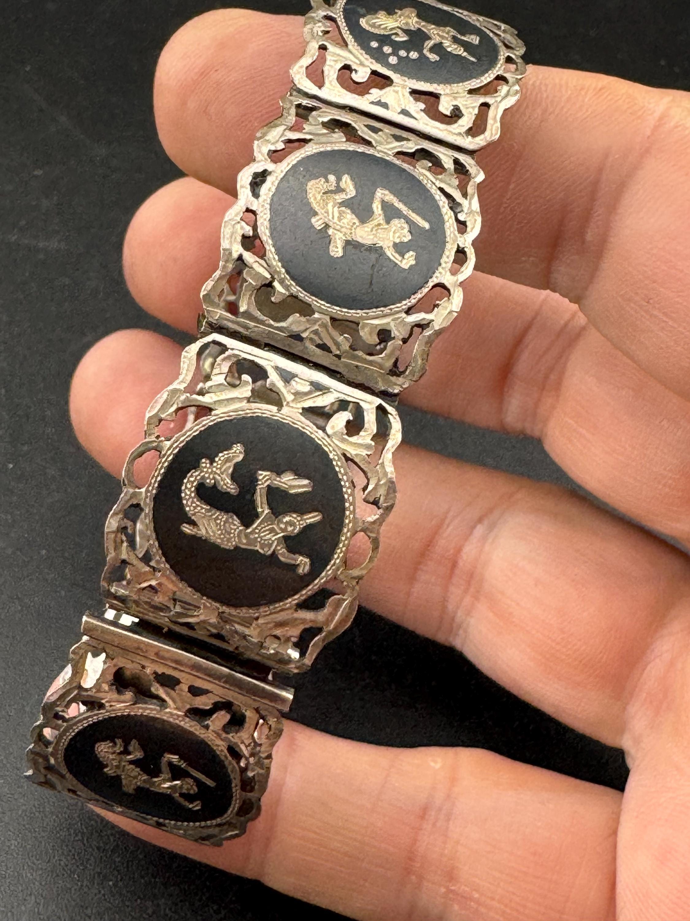 Vintage Siam Silver and black enamel pictorial panel link bracelet 18.5cm 25.8grams