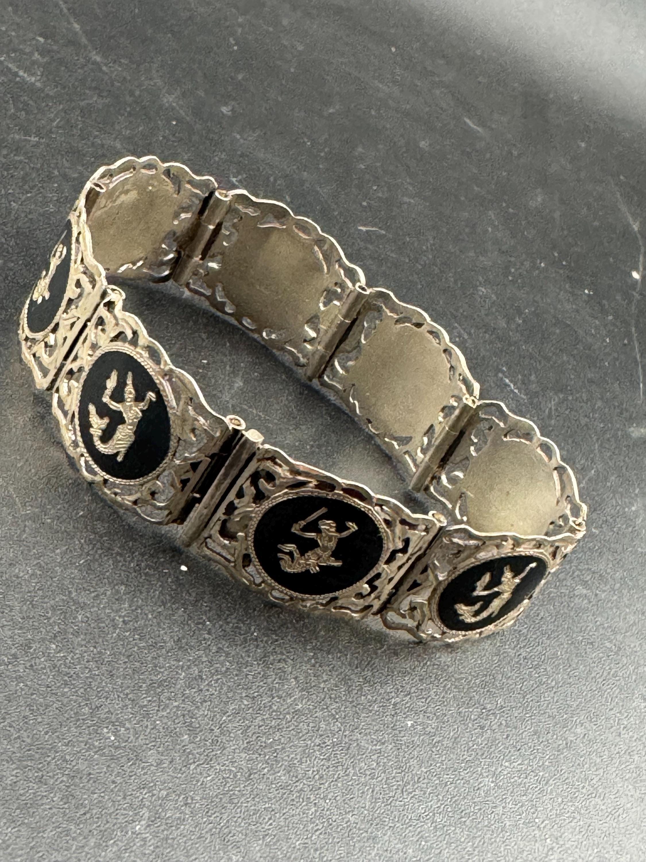Vintage Siam Silver and black enamel pictorial panel link bracelet 18.5cm 25.8grams