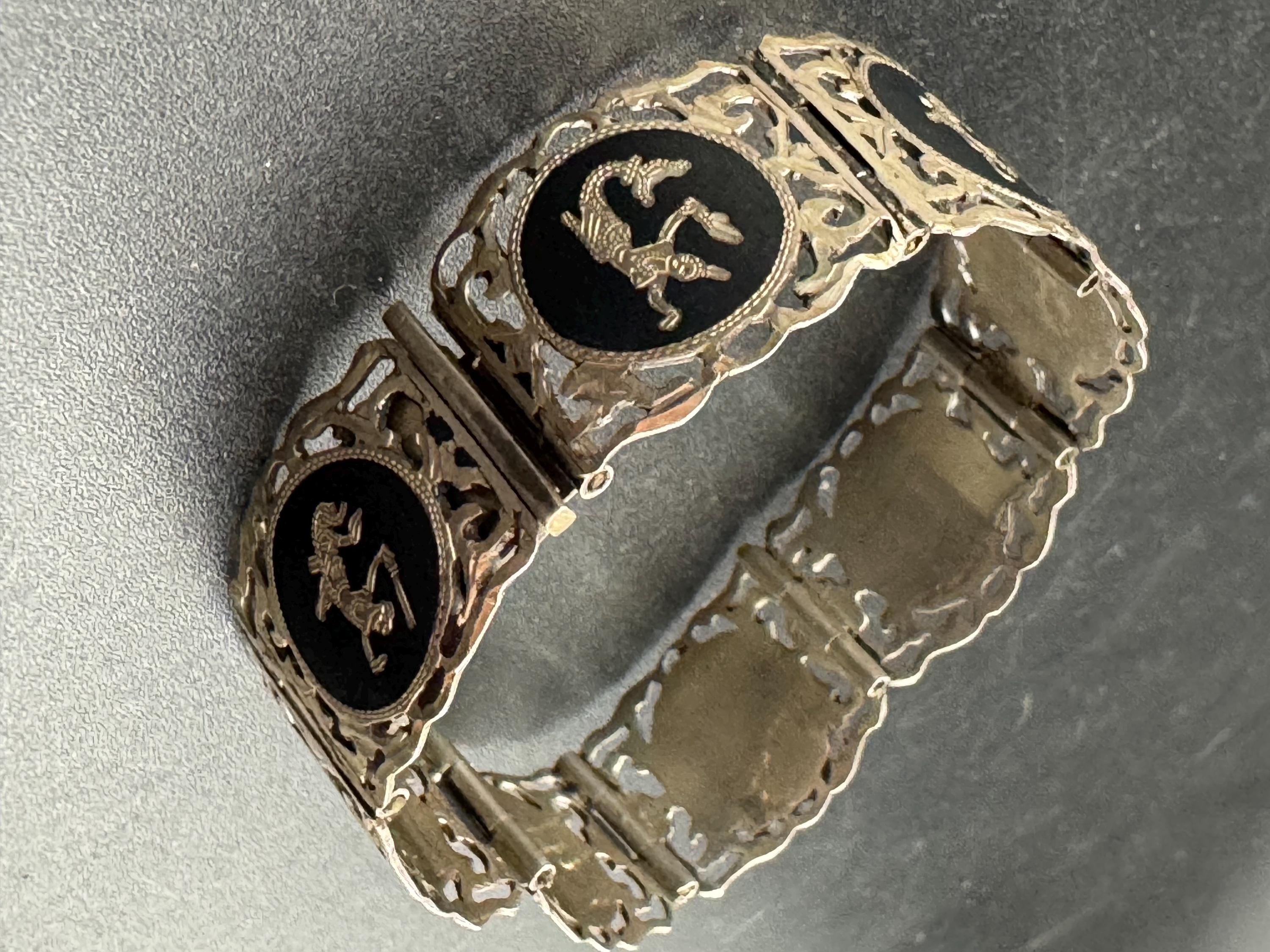 Vintage Siam Silver and black enamel pictorial panel link bracelet 18.5cm 25.8grams