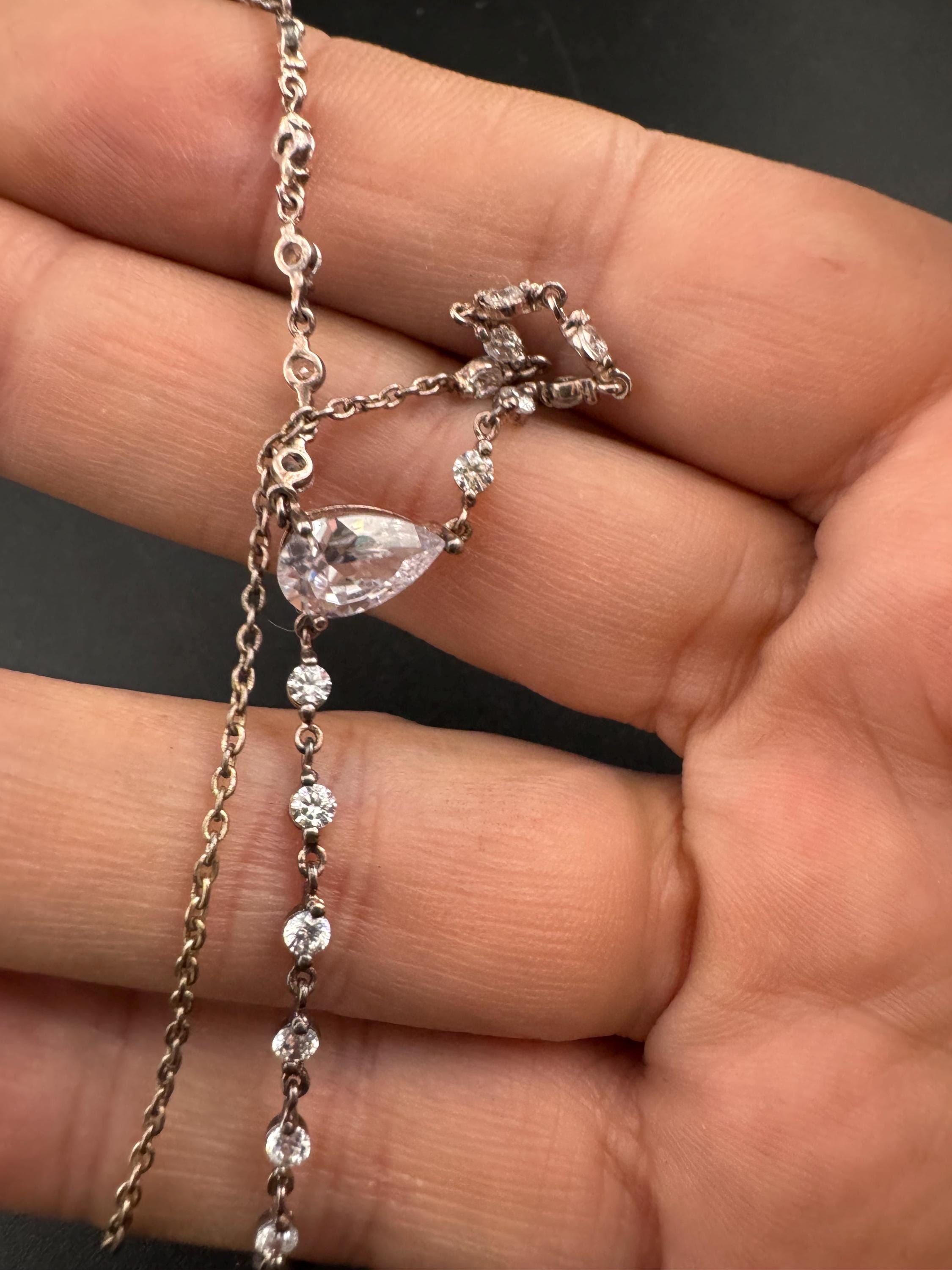 925 sterling silver clear diamanté teardrop water drop pendant chain necklace