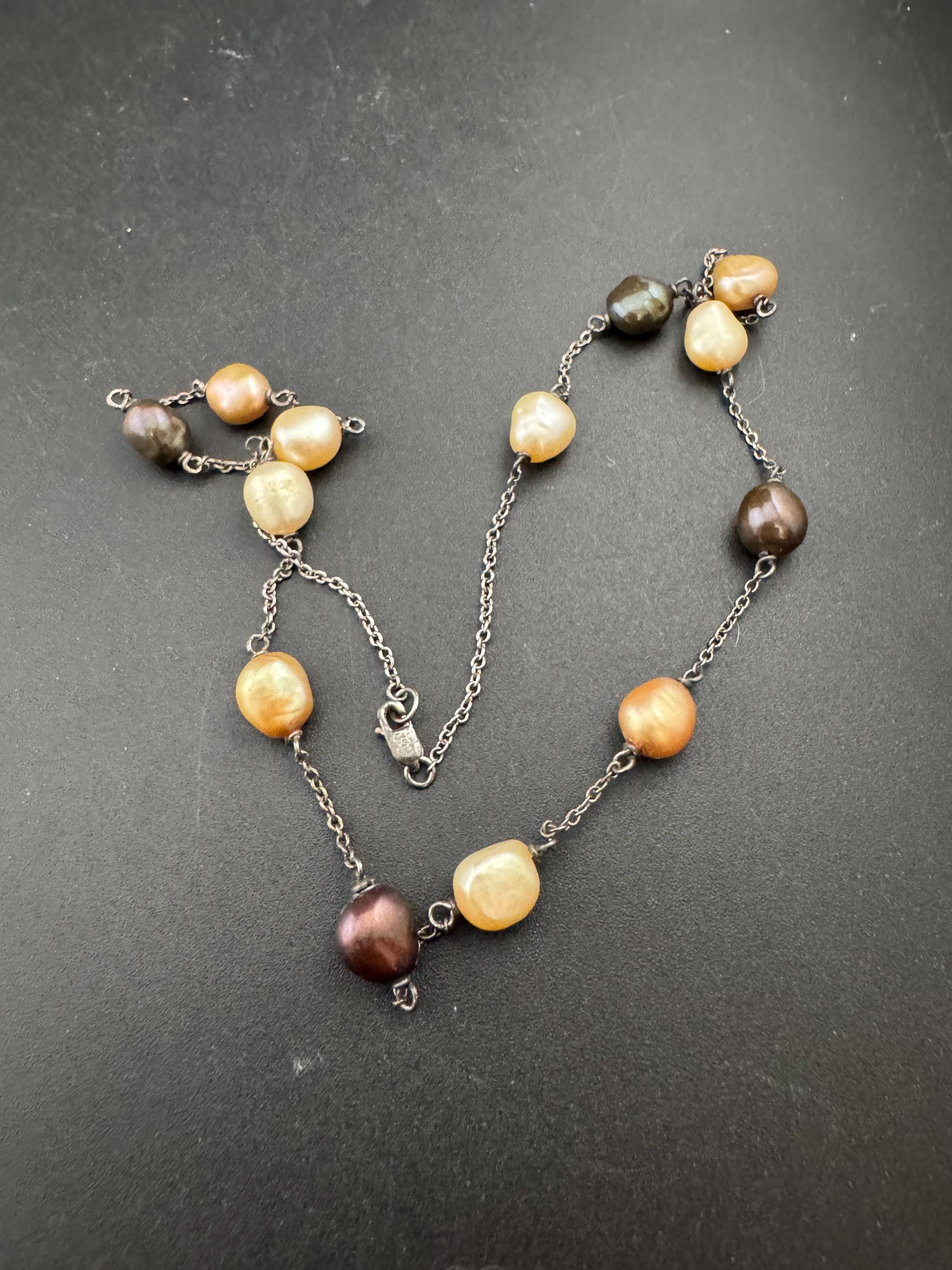 925 sterling silver natural cultured brown cream beaded sea pearl station chain necklace 11.7gms 46cm
