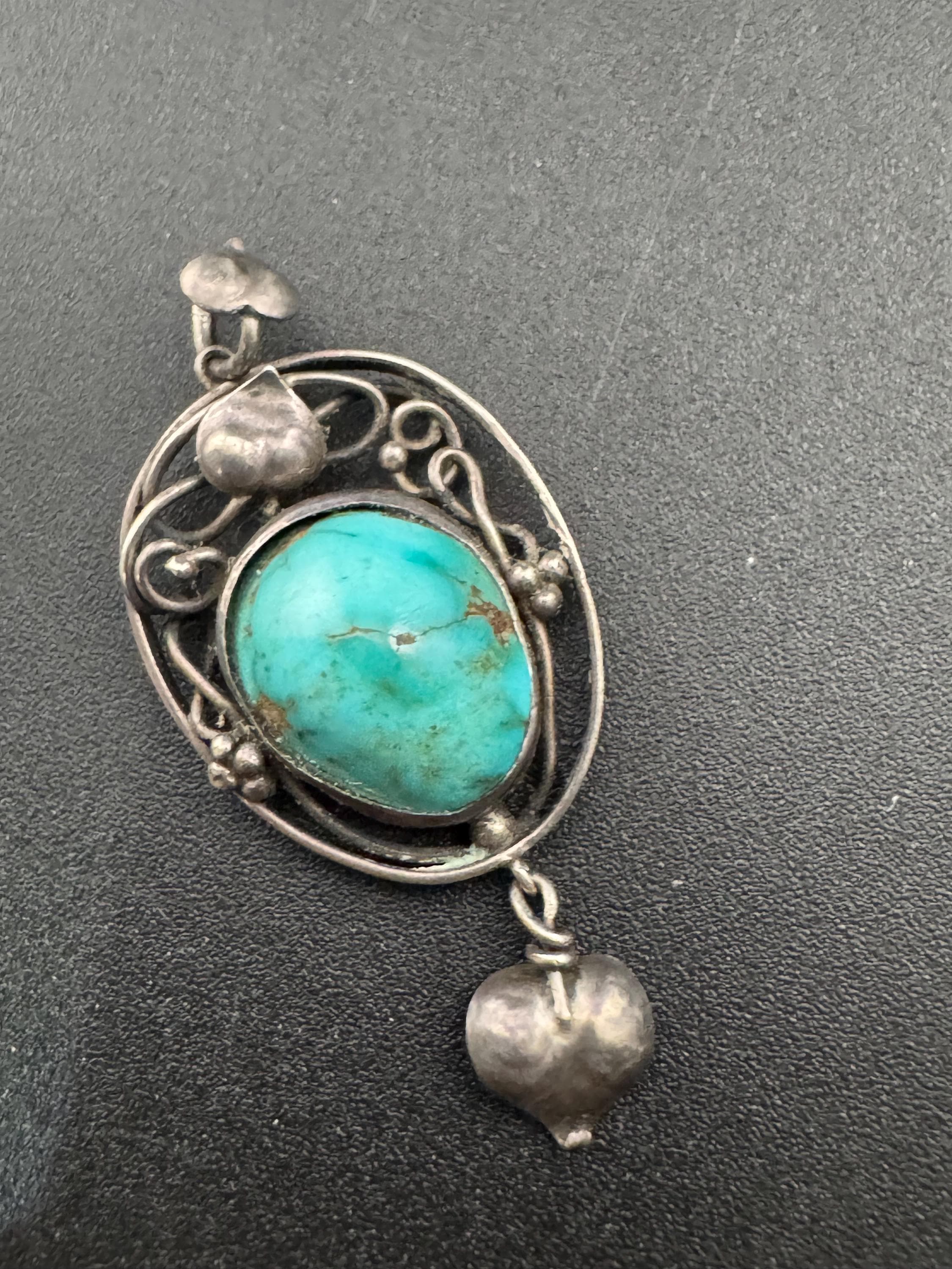 Antique art nouveau natural  turquoise cabochon gemstone drop pendant 925 sterling silver
