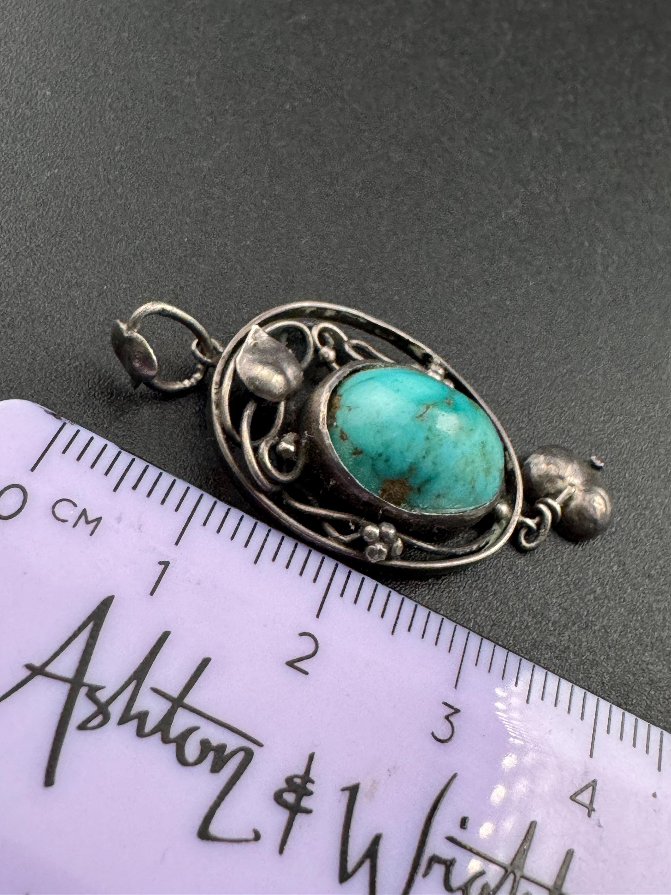 Antique art nouveau natural  turquoise cabochon gemstone drop pendant 925 sterling silver