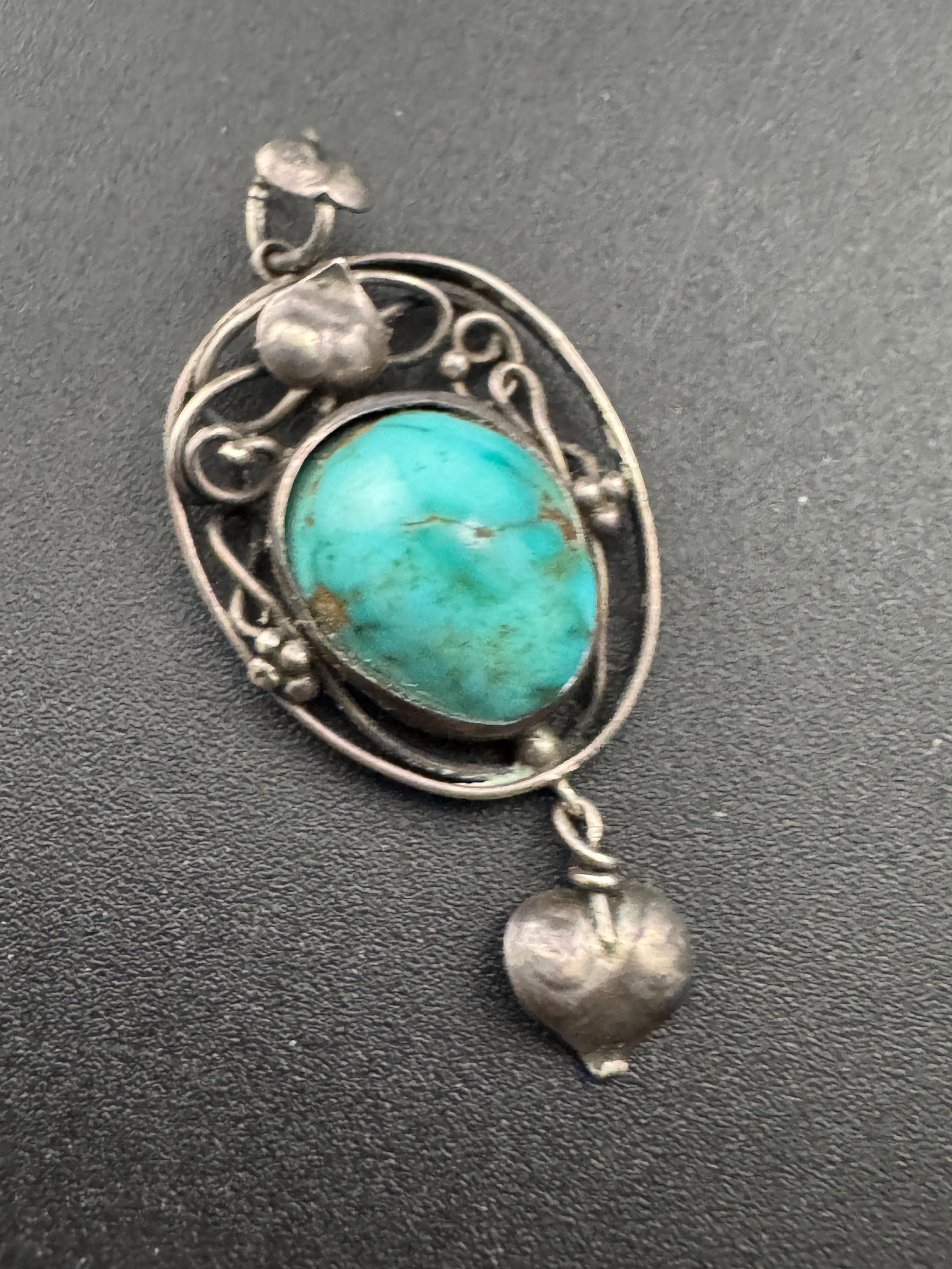 Antique art nouveau natural  turquoise cabochon gemstone drop pendant 925 sterling silver