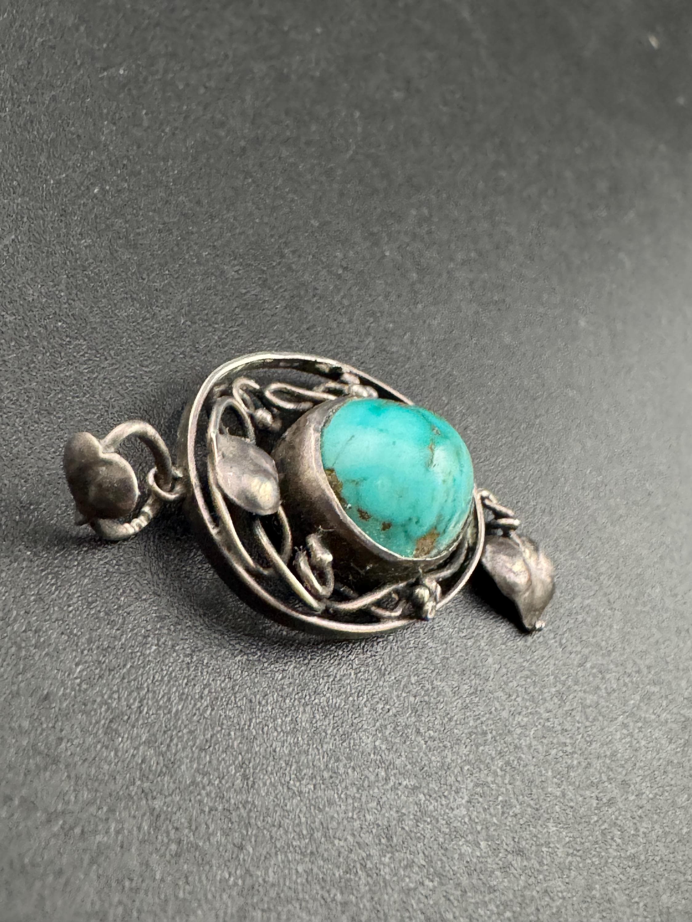 Antique art nouveau natural  turquoise cabochon gemstone drop pendant 925 sterling silver