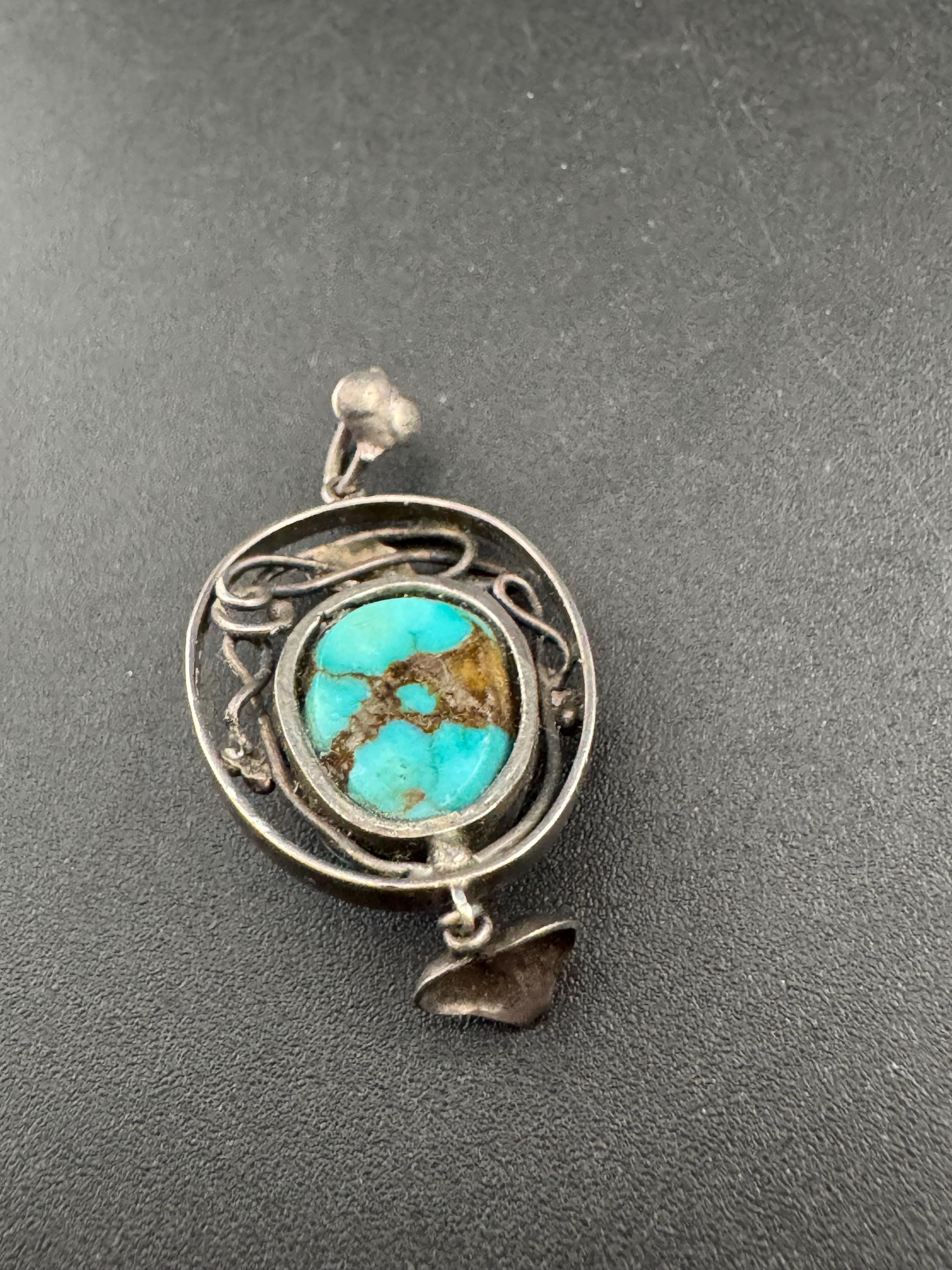 Antique art nouveau natural  turquoise cabochon gemstone drop pendant 925 sterling silver