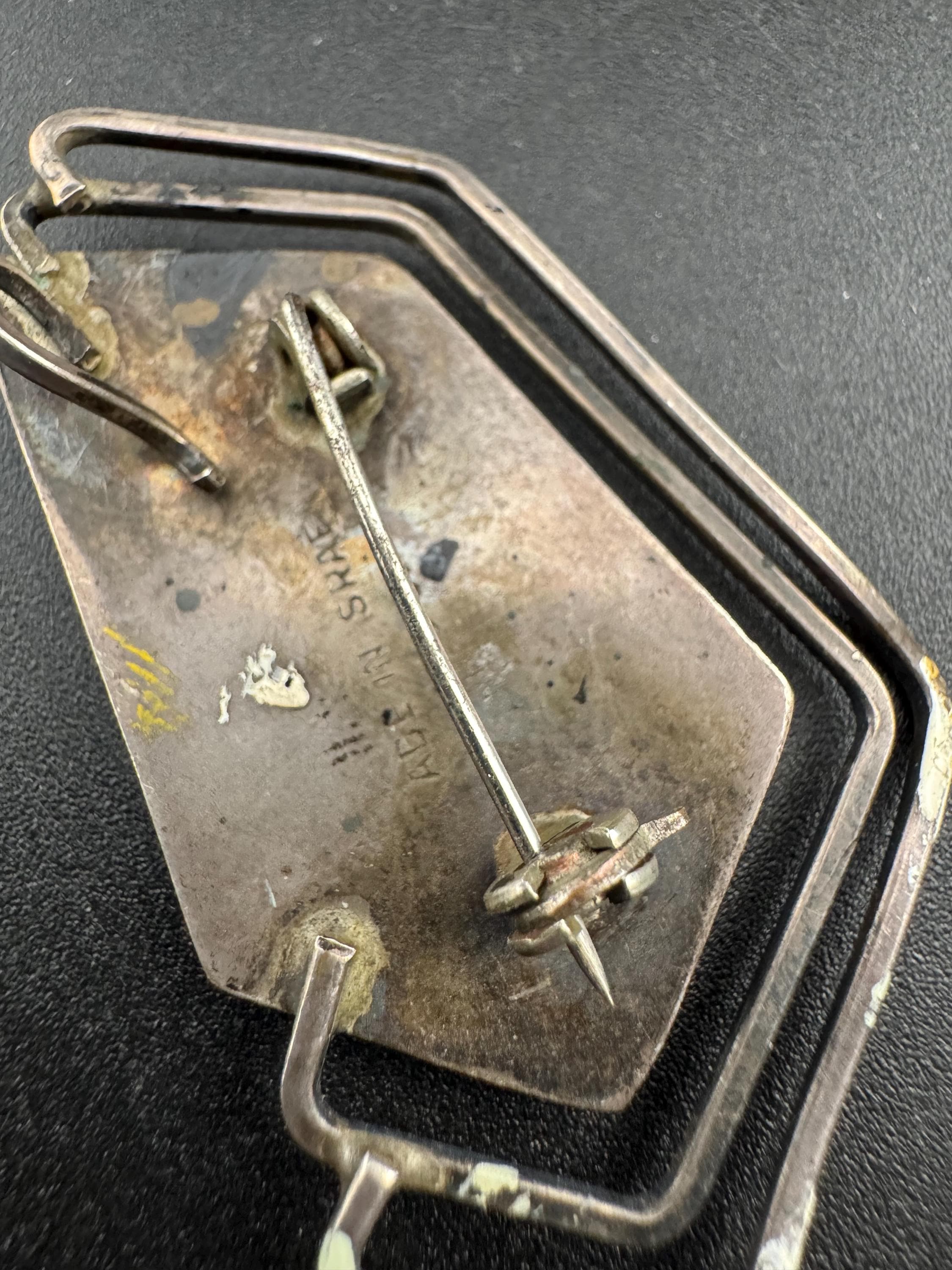 Signed Israel Sterling Silver Brooch: Mid-Century Modernist Mother of Pearl