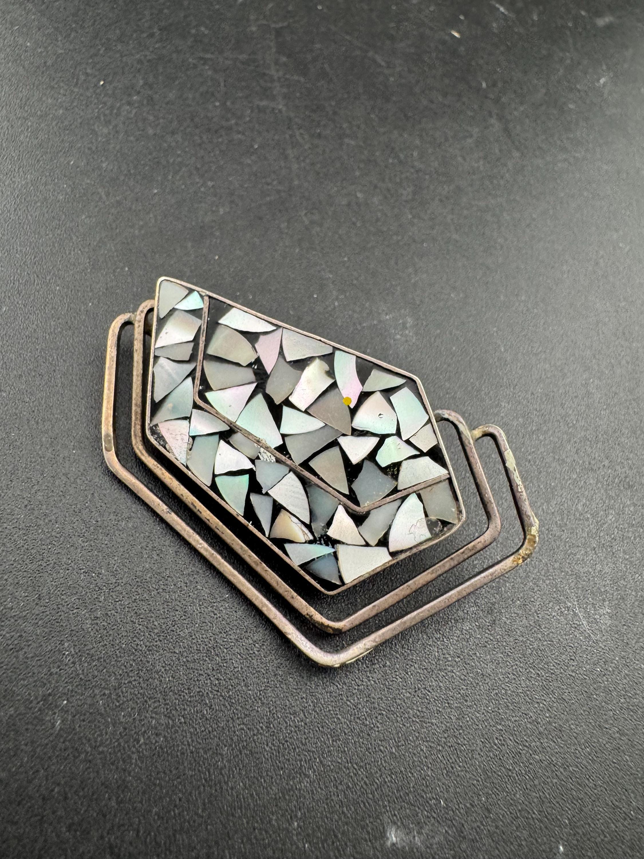 Signed Israel Sterling Silver Brooch: Mid-Century Modernist Mother of Pearl
