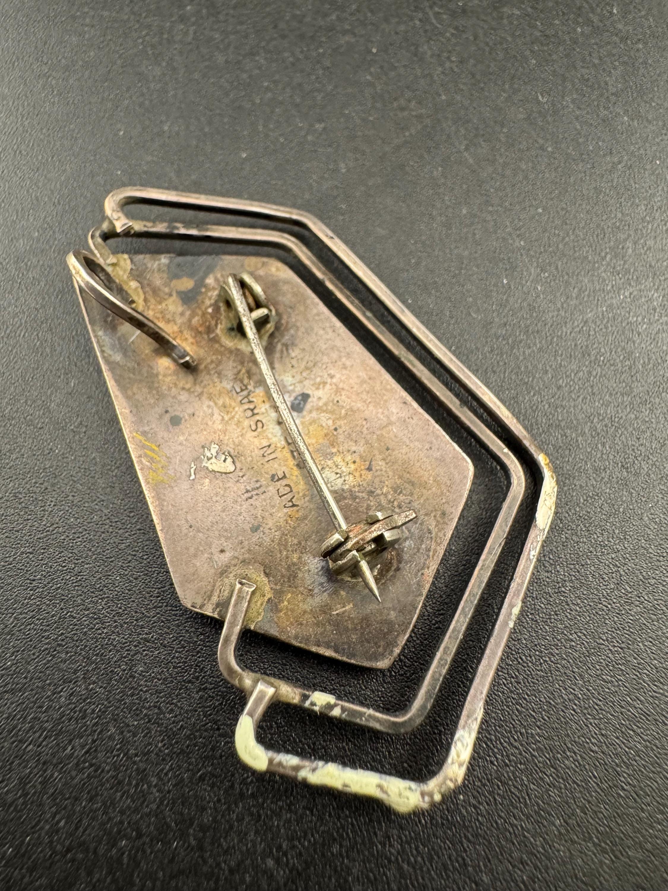 Signed Israel Sterling Silver Brooch: Mid-Century Modernist Mother of Pearl