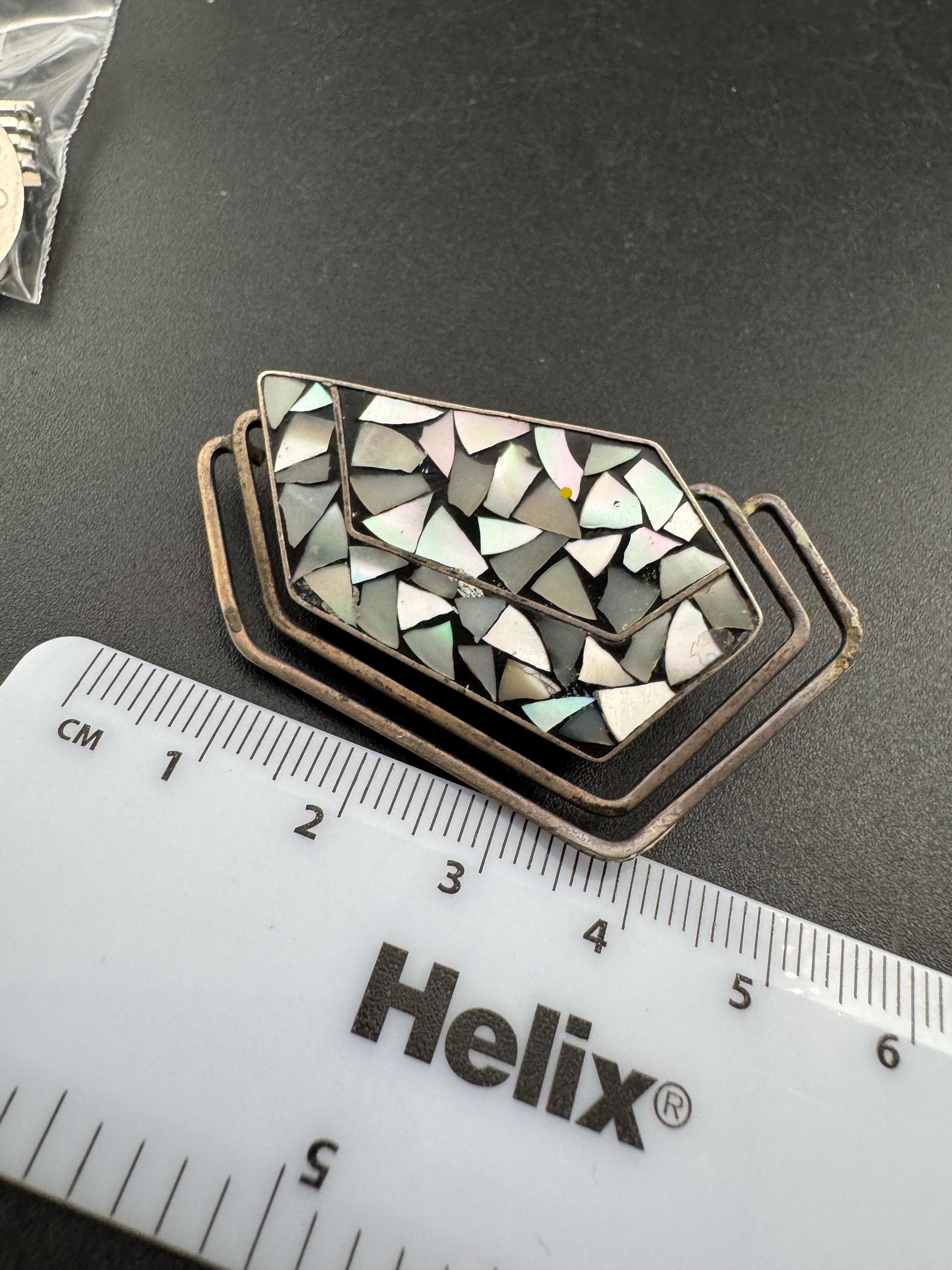 Signed Israel Sterling Silver Brooch: Mid-Century Modernist Mother of Pearl