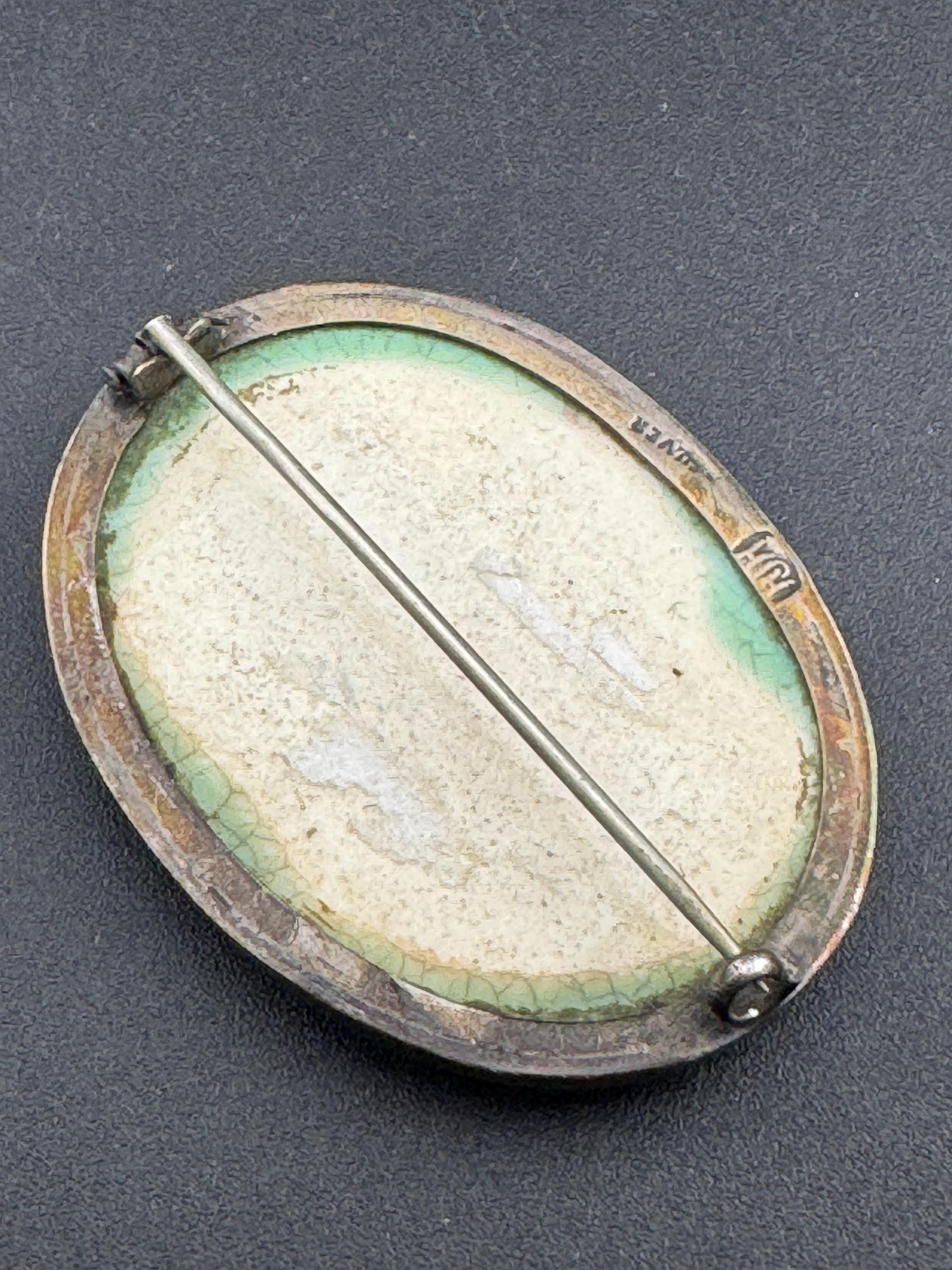 Art Deco Green Crackle Pottery Brooch: Sterling Silver Ruskin Style