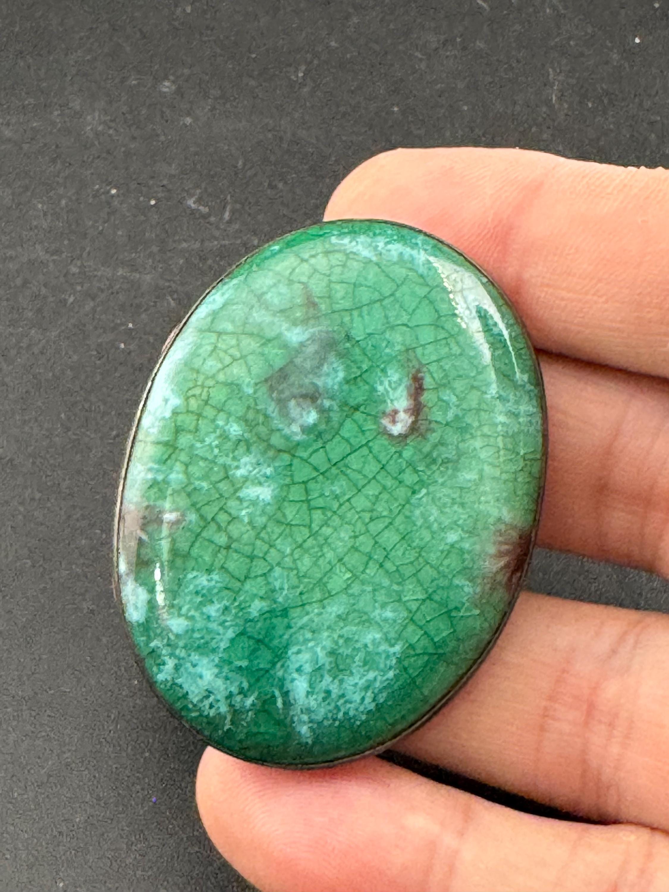 Art Deco Green Crackle Pottery Brooch: Sterling Silver Ruskin Style