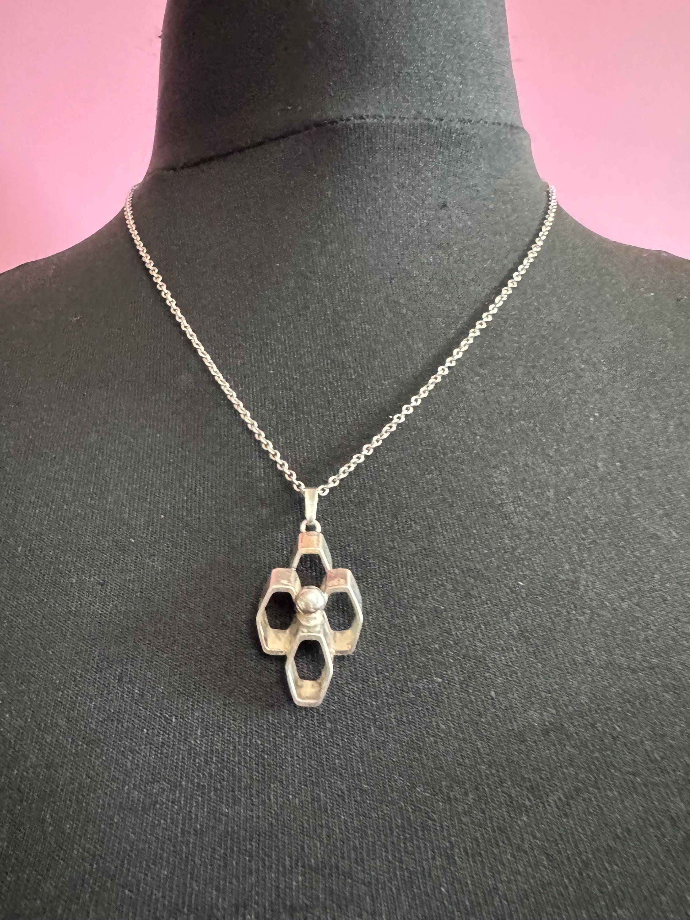Signed A&D Andreas Daub 925 sterling Silver brutalist modernist pendant on an 19” chain