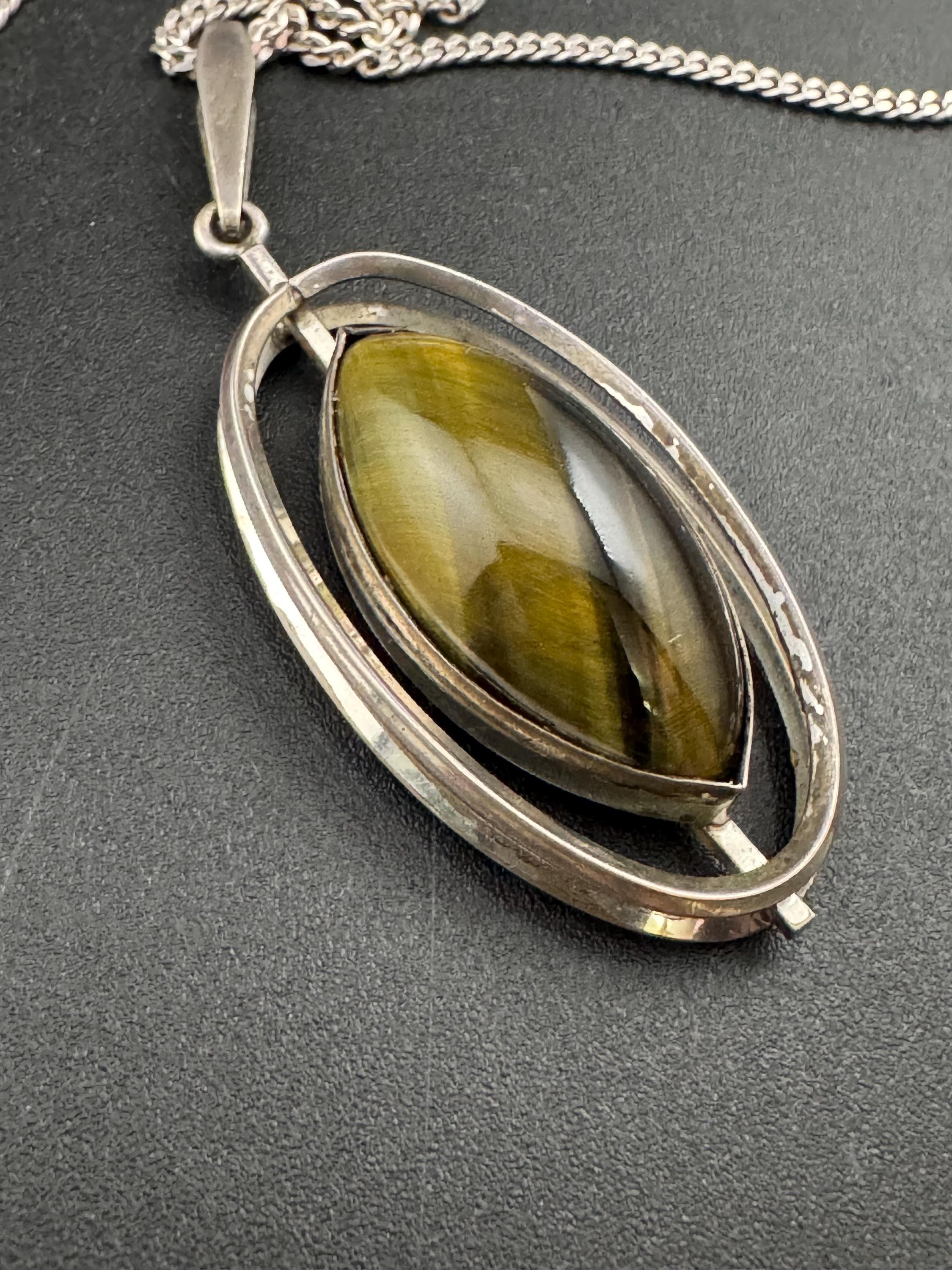 Vintage K&L Sterling Silver Tiger's Eye Pendant Necklace - 1970s