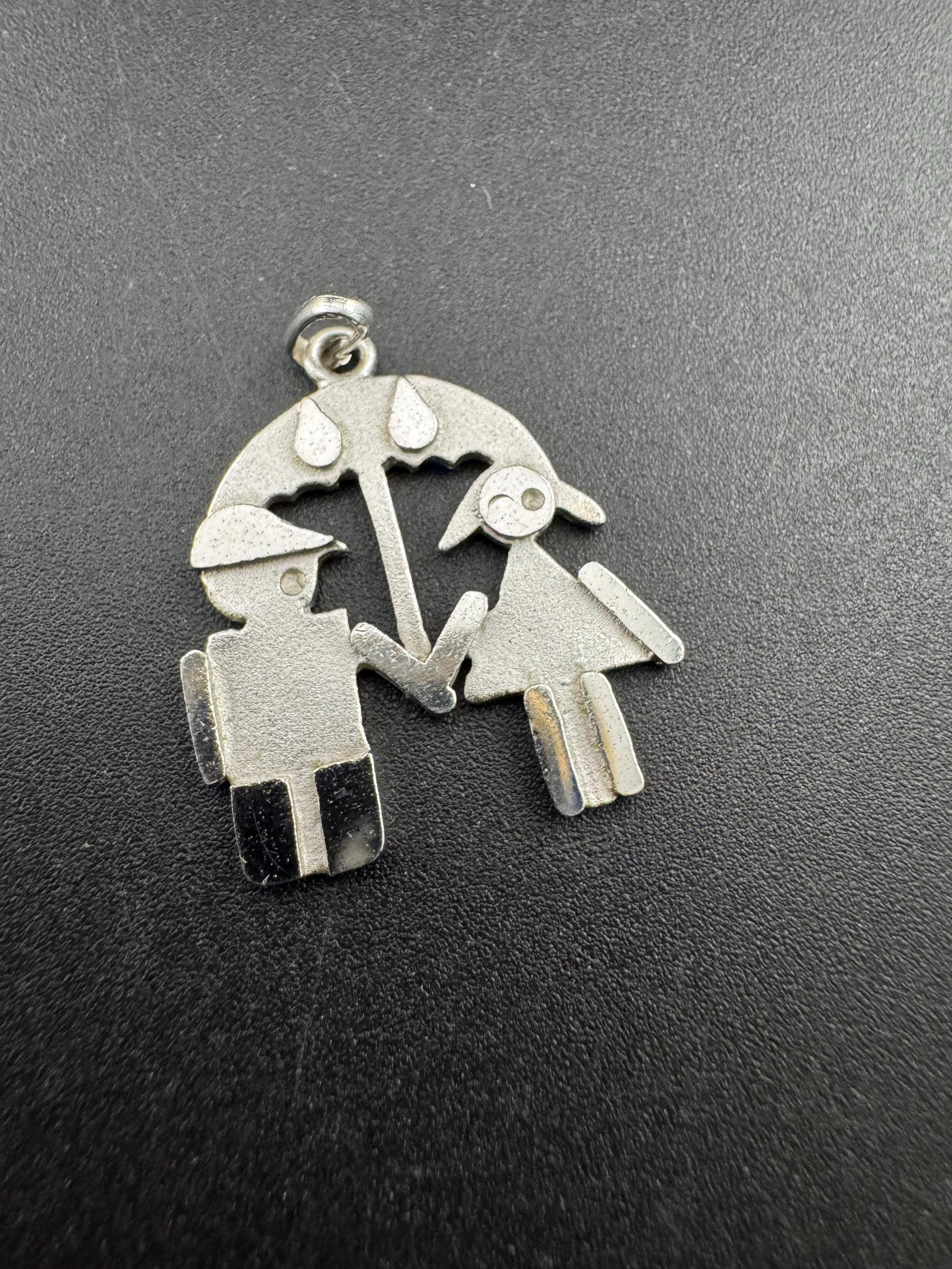 Vintage 1970s Sterling Silver Lovers Pendant: Girl and Boy Under Umbrella
