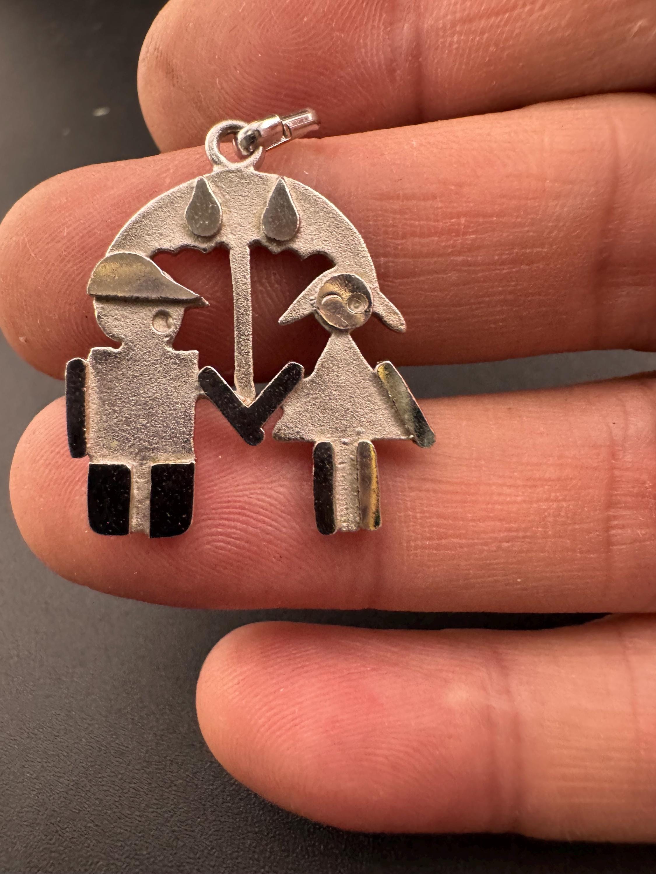 Vintage 1970s Sterling Silver Lovers Pendant: Girl and Boy Under Umbrella