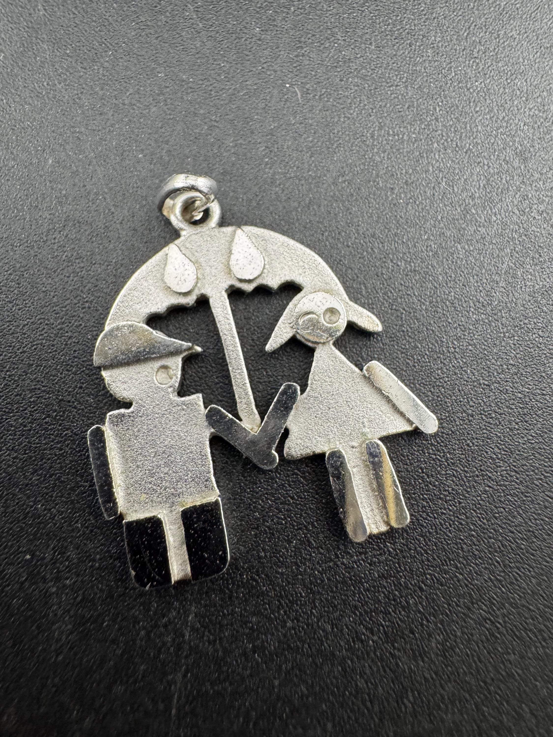 Vintage 1970s Sterling Silver Lovers Pendant: Girl and Boy Under Umbrella