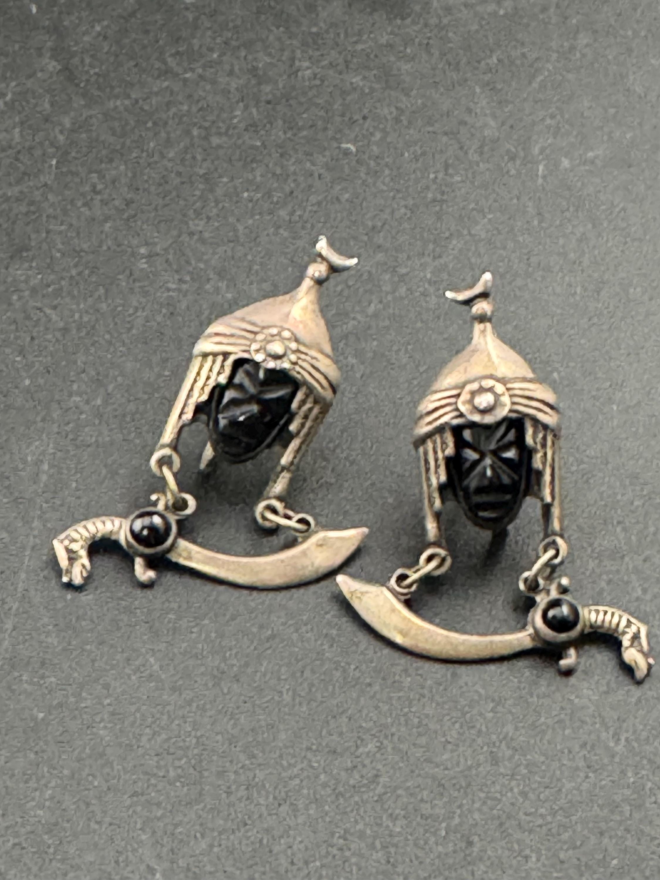 vintage Mexican Sterling silver and Obsidian Moorish Design face earrings, screw back