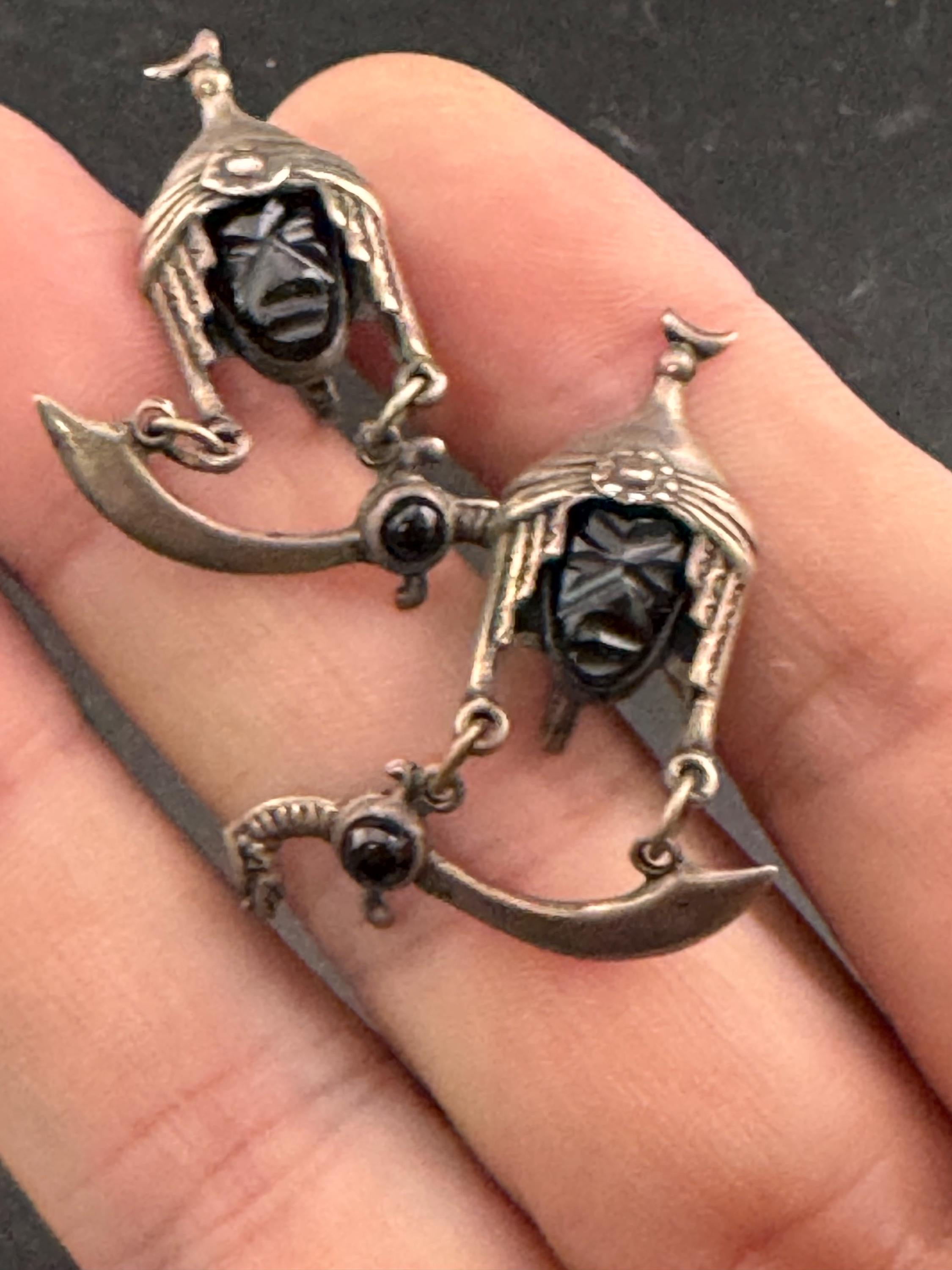 vintage Mexican Sterling silver and Obsidian Moorish Design face earrings, screw back