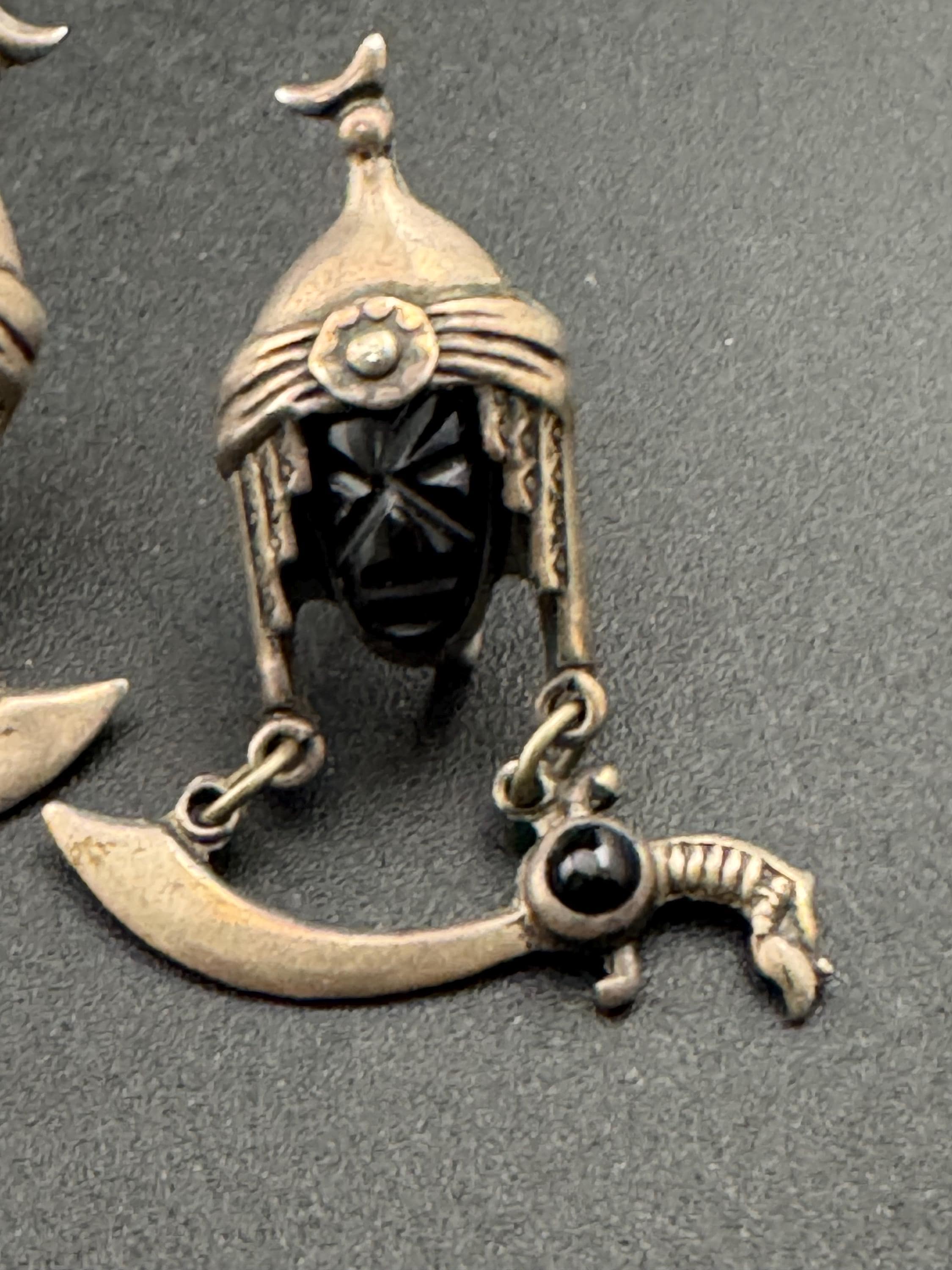 vintage Mexican Sterling silver and Obsidian Moorish Design face earrings, screw back
