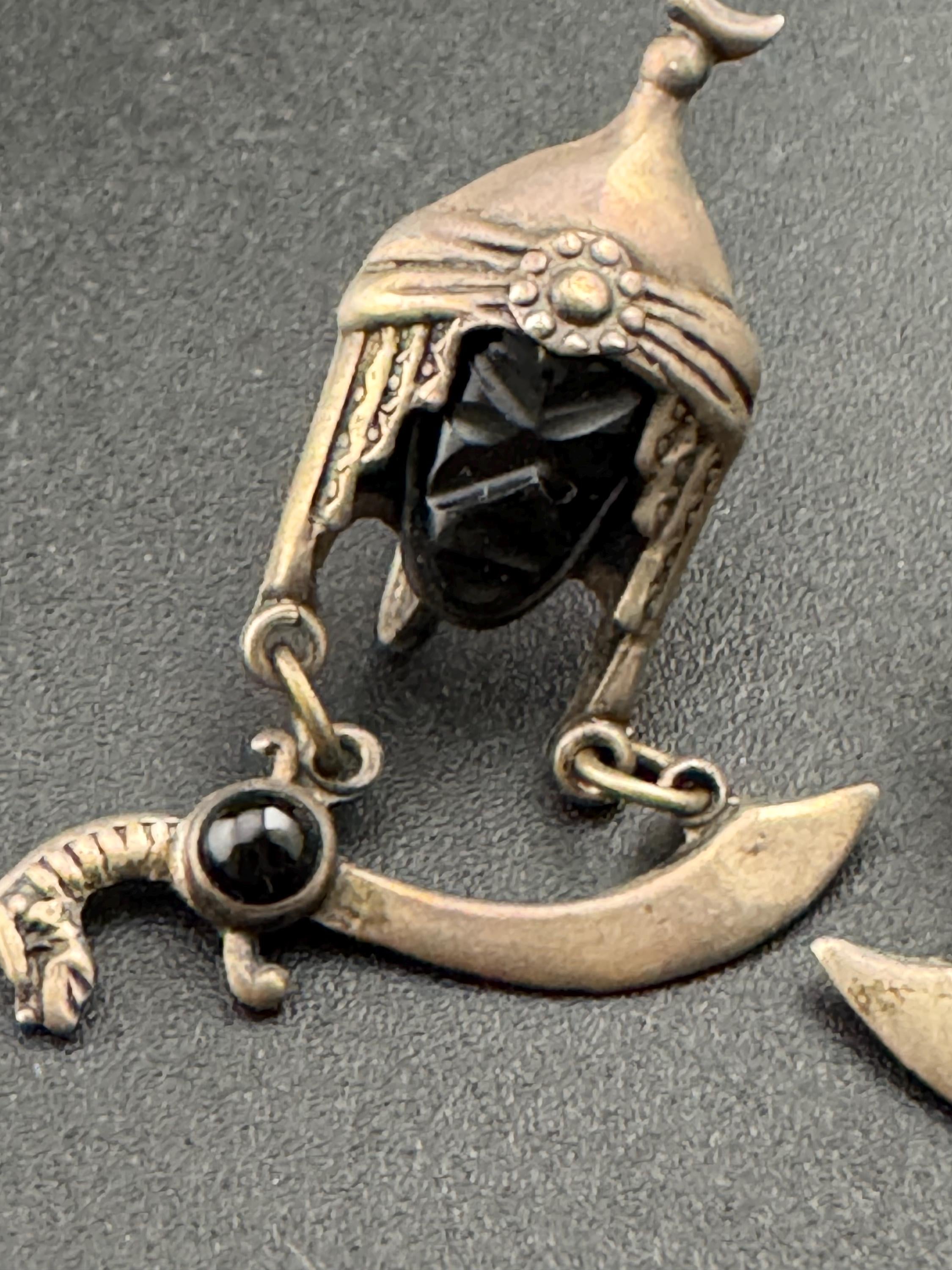 vintage Mexican Sterling silver and Obsidian Moorish Design face earrings, screw back