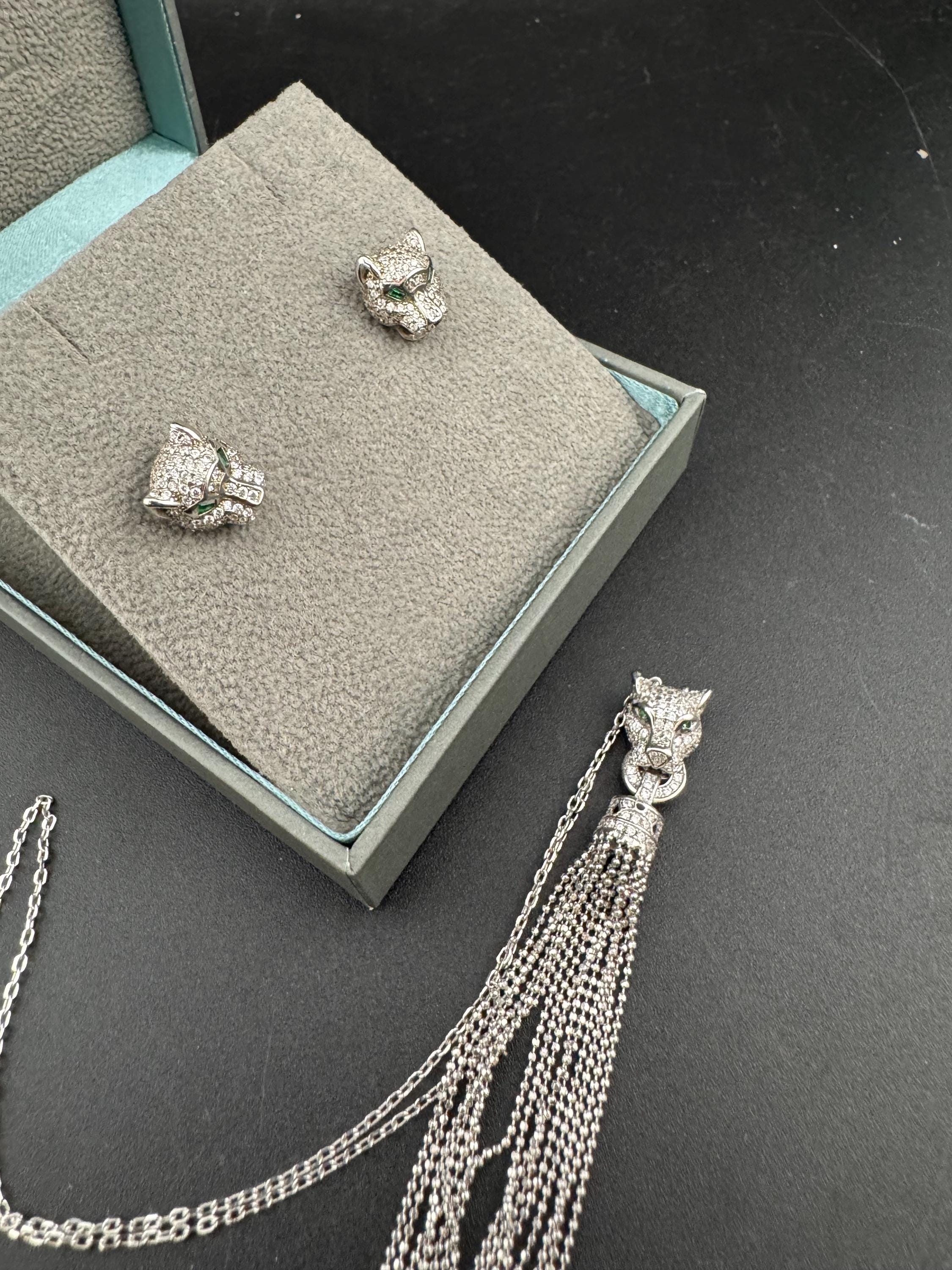 Retro Diamanté Leopard Necklace & Sterling Silver Tassel Earrings Set