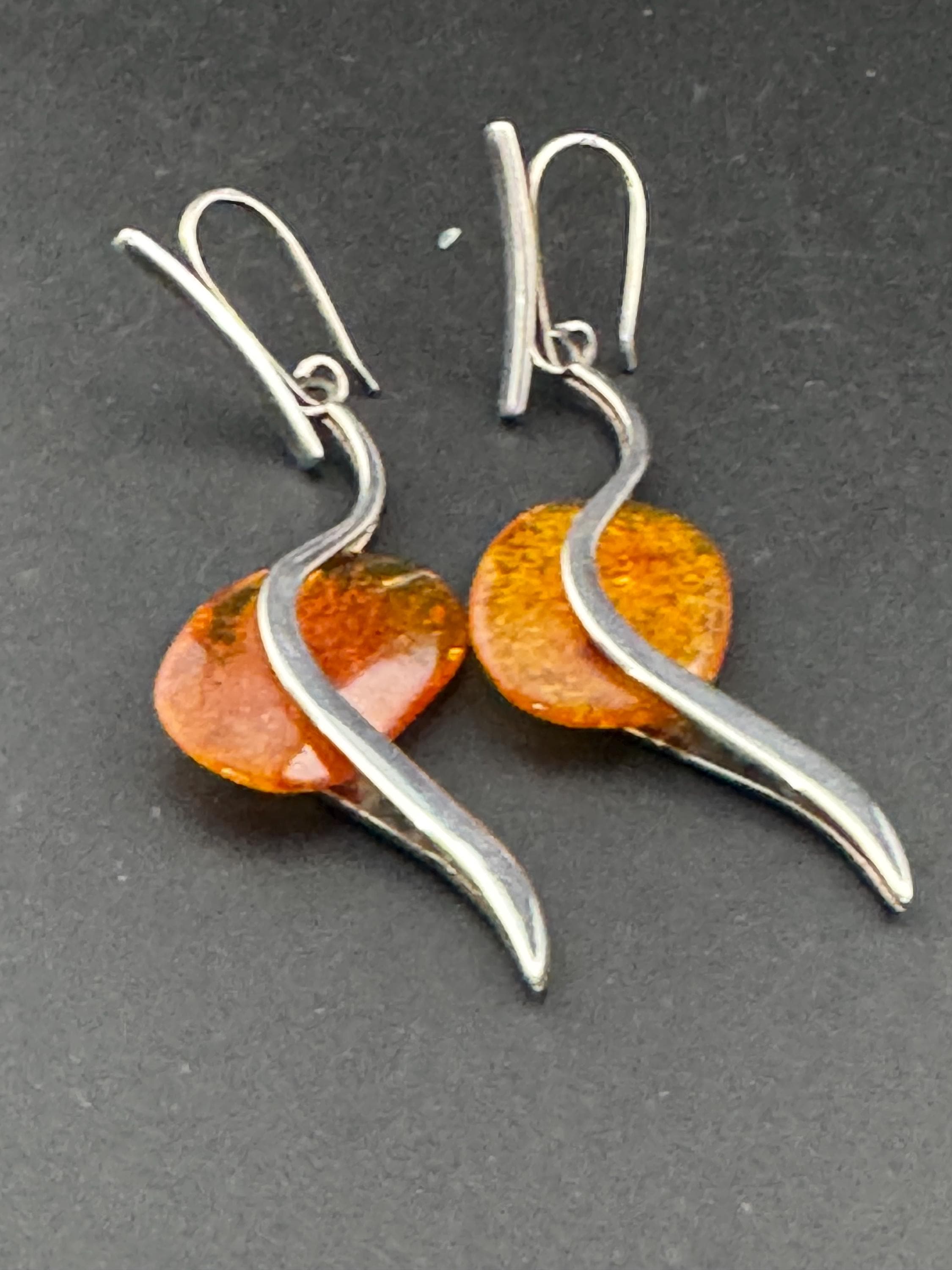 Oversized retro pair of Natural Amber sterling 925 silver drop dangle earrings for pierced ears 12.1grams 7.5cm long